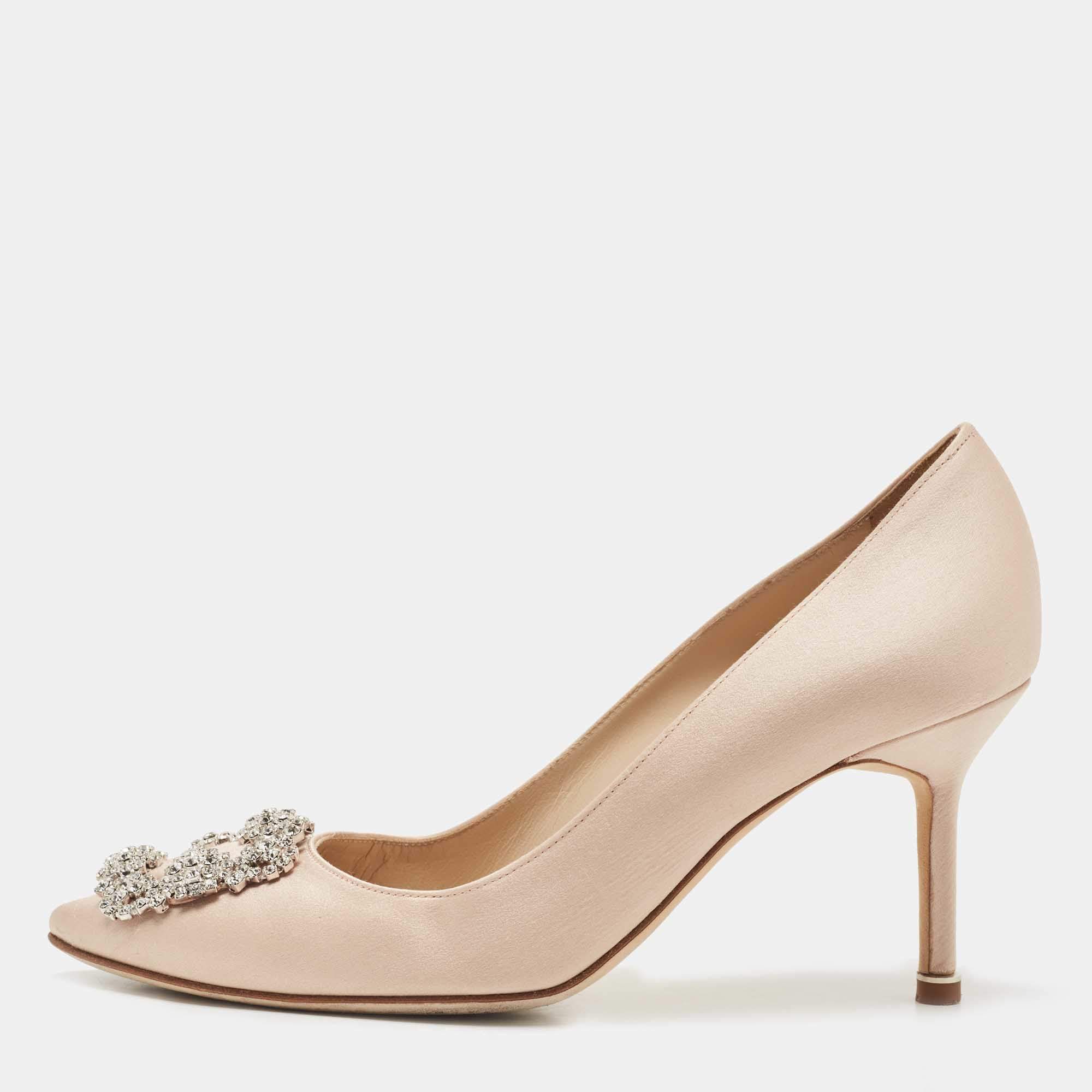 Pre Owned Manolo Blahnik Beige Satin Hangisi Pumps Size 38