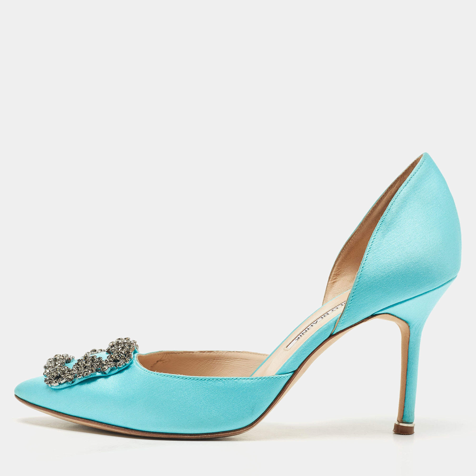 Pre Owned Manolo Blahnik Blue Satin Hangisi Crystal Embellished D' Orsay Pumps Size 39