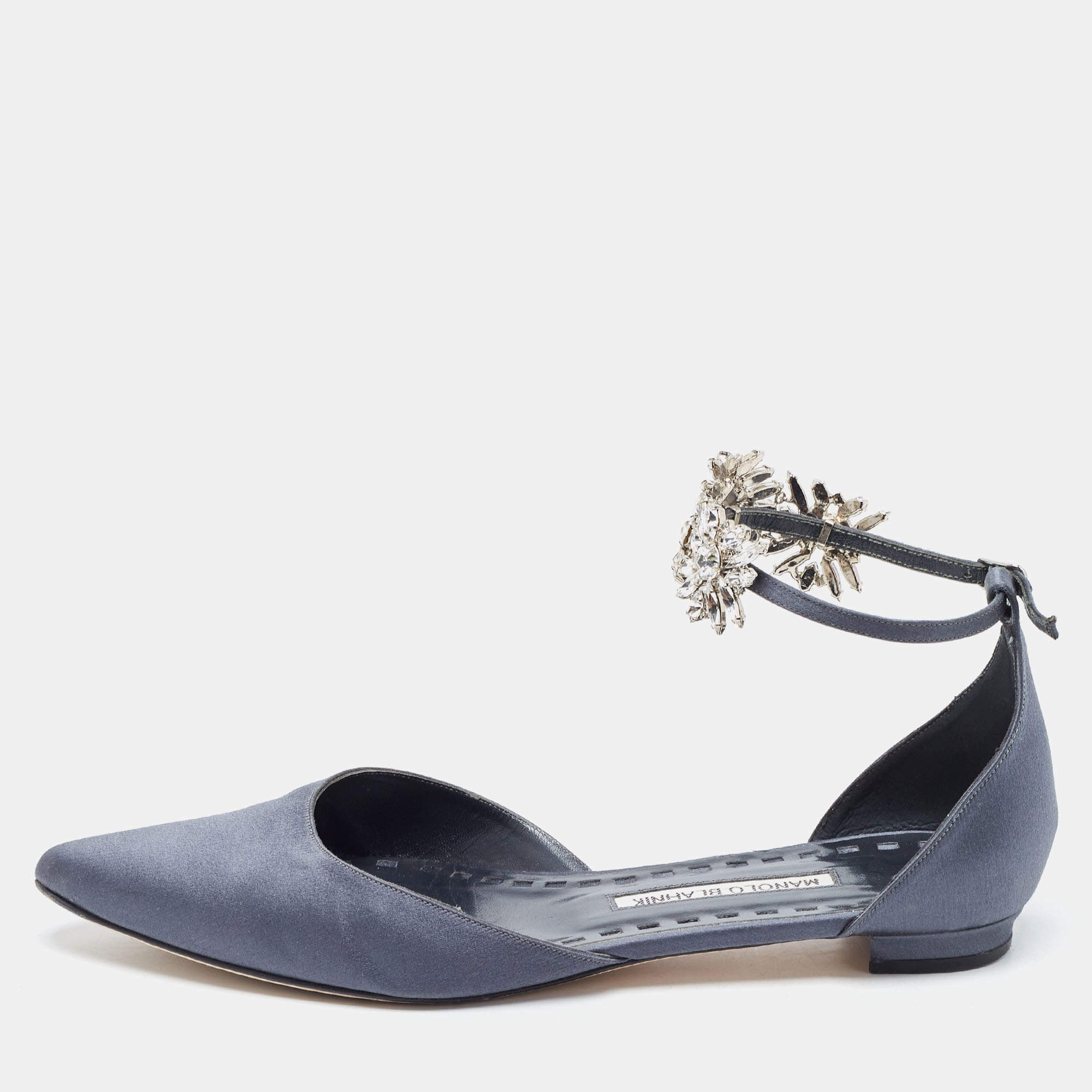 Pre Owned Manolo Blahnik Navy Blue Satin Crystal Embellished Sicaria Ankle Strap Ballet Flats Size 39.5