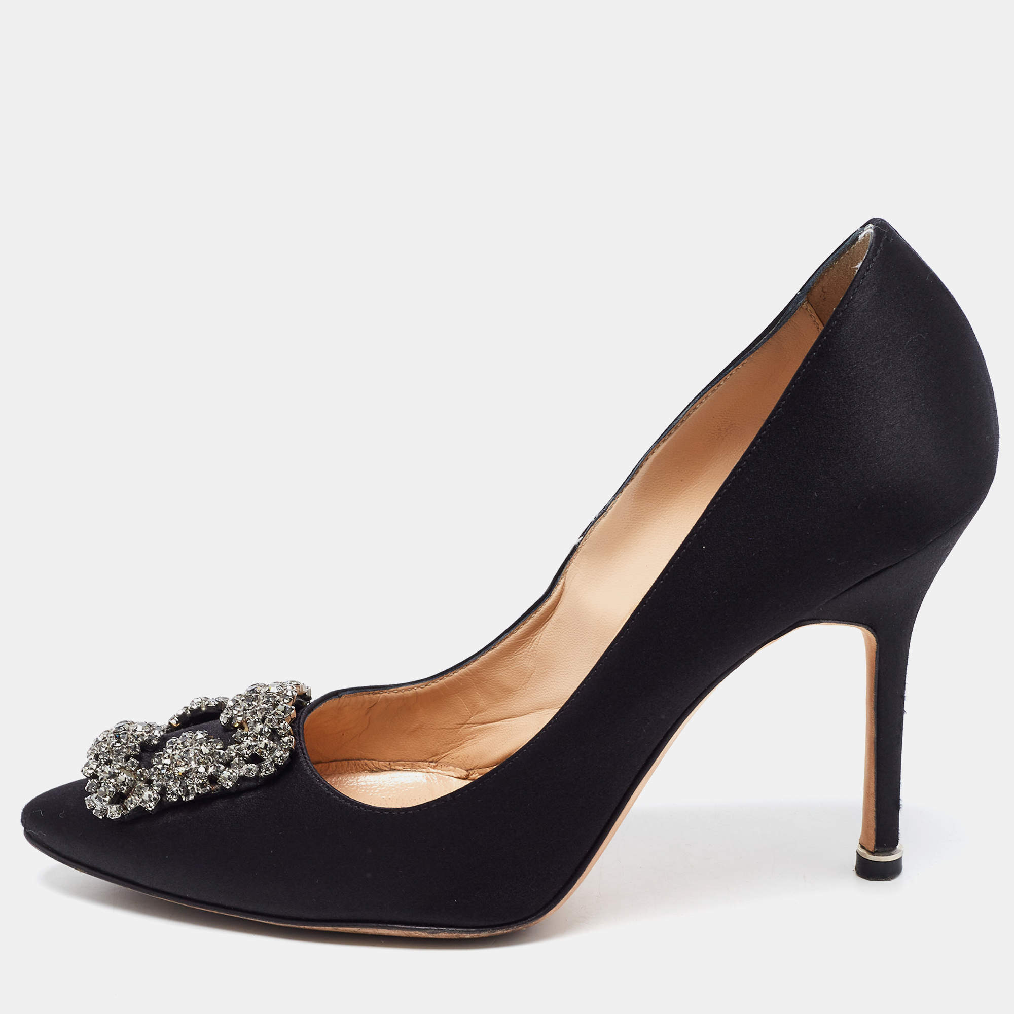 Pre Owned Manolo Blahnik Black Satin Hangisi Pumps Size 37.5