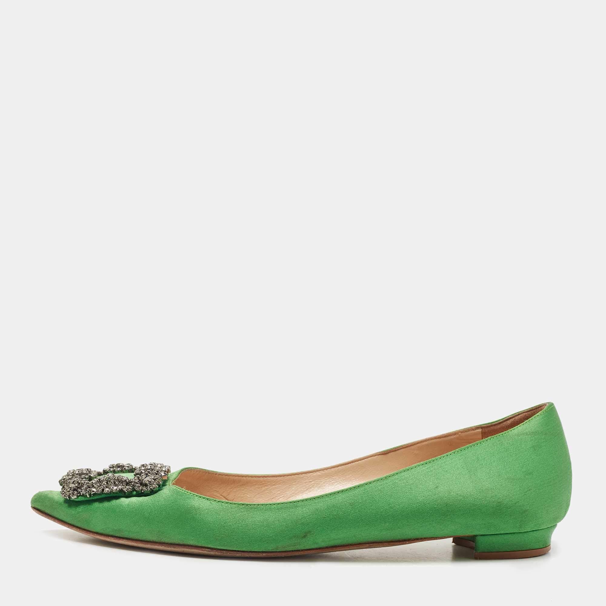 Pre Owned Manolo Blahnik Green Satin Hangisi Ballet Flats Size 37.5