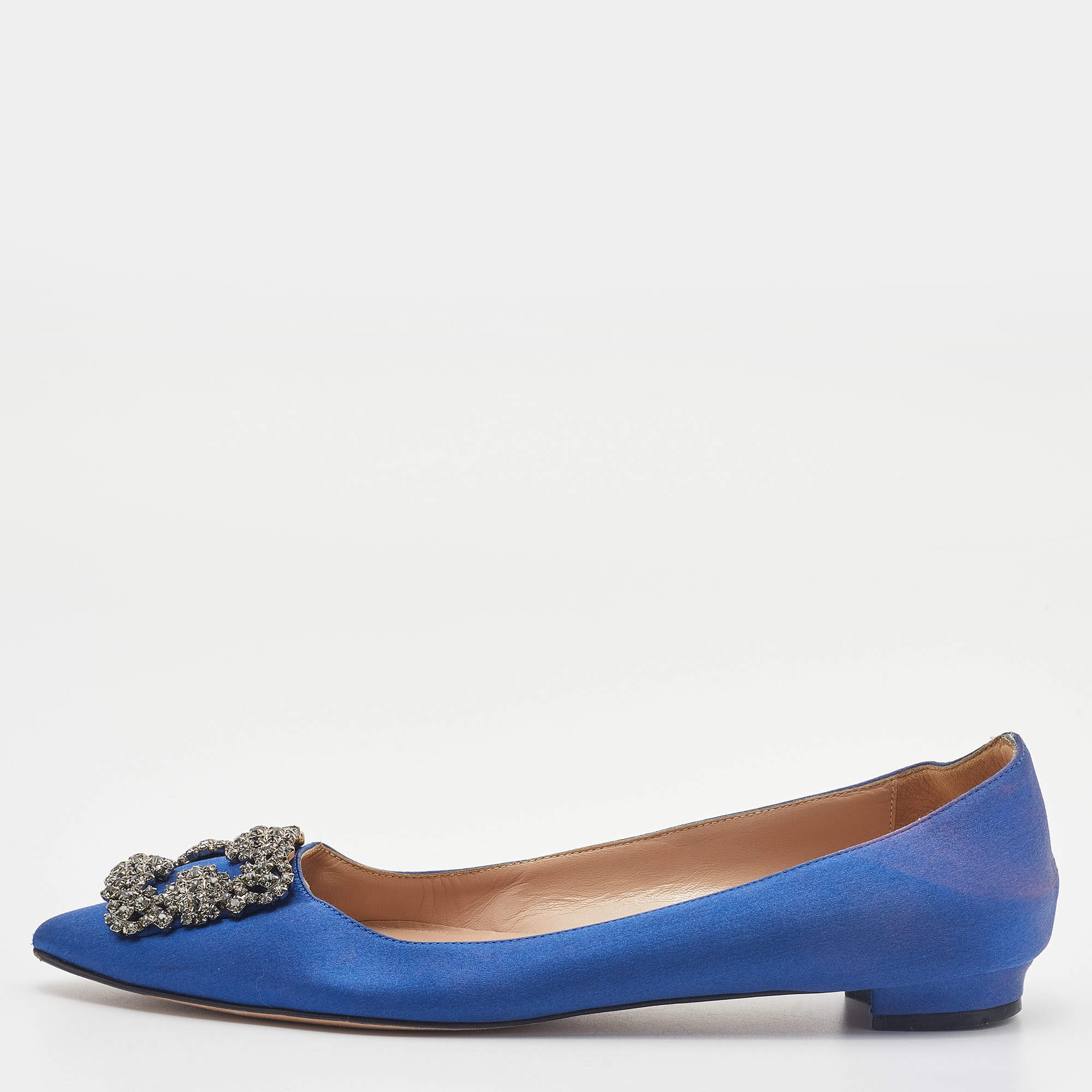 Pre Owned Manolo Blahnik Blue Satin Hangisi Ballet Flat Size 39