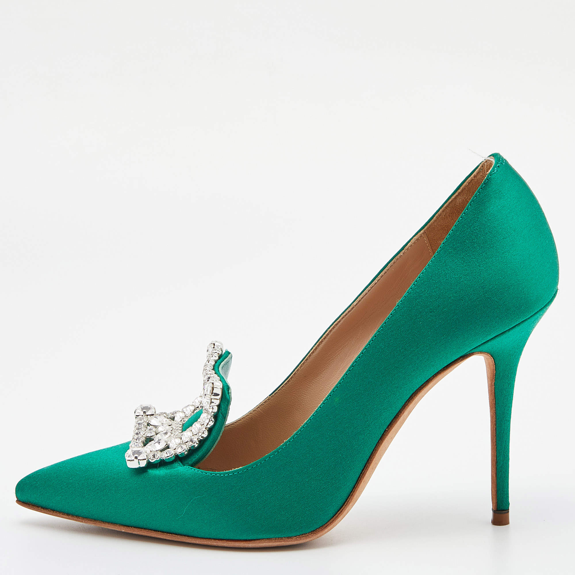  Manolo Blahnik Green Satin Borlak Crystal Embellished Pointed Toe Pumps Size 36