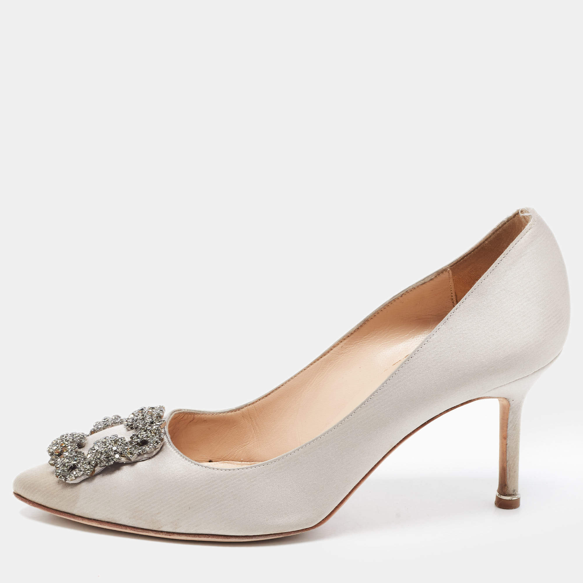 Pre Owned Manolo Blahnik Grey Satin Hangisi Pumps Size 38