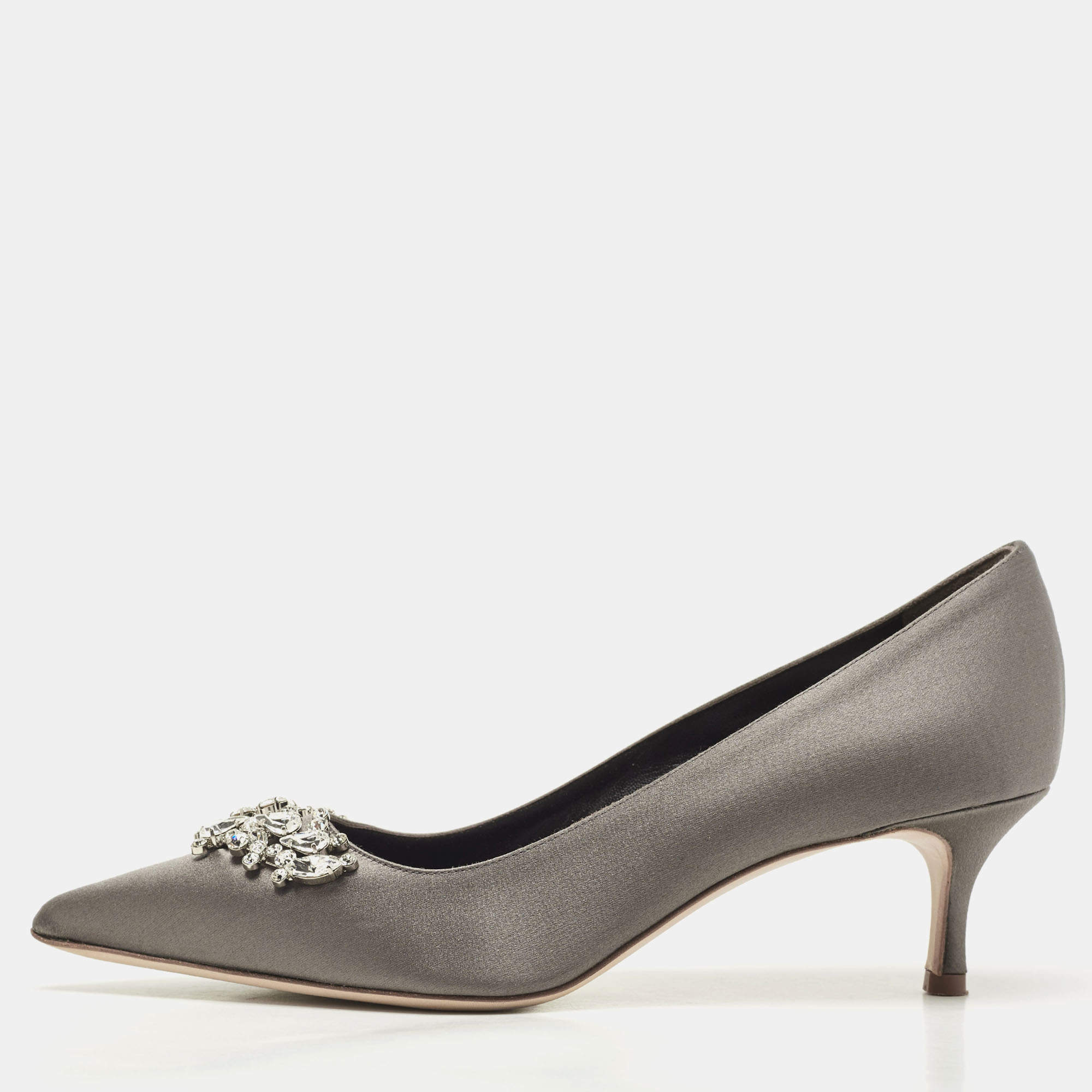 Pre Owned Manolo Blahnik Grey Satin Lurum Crystals Embellished Pumps Size 37