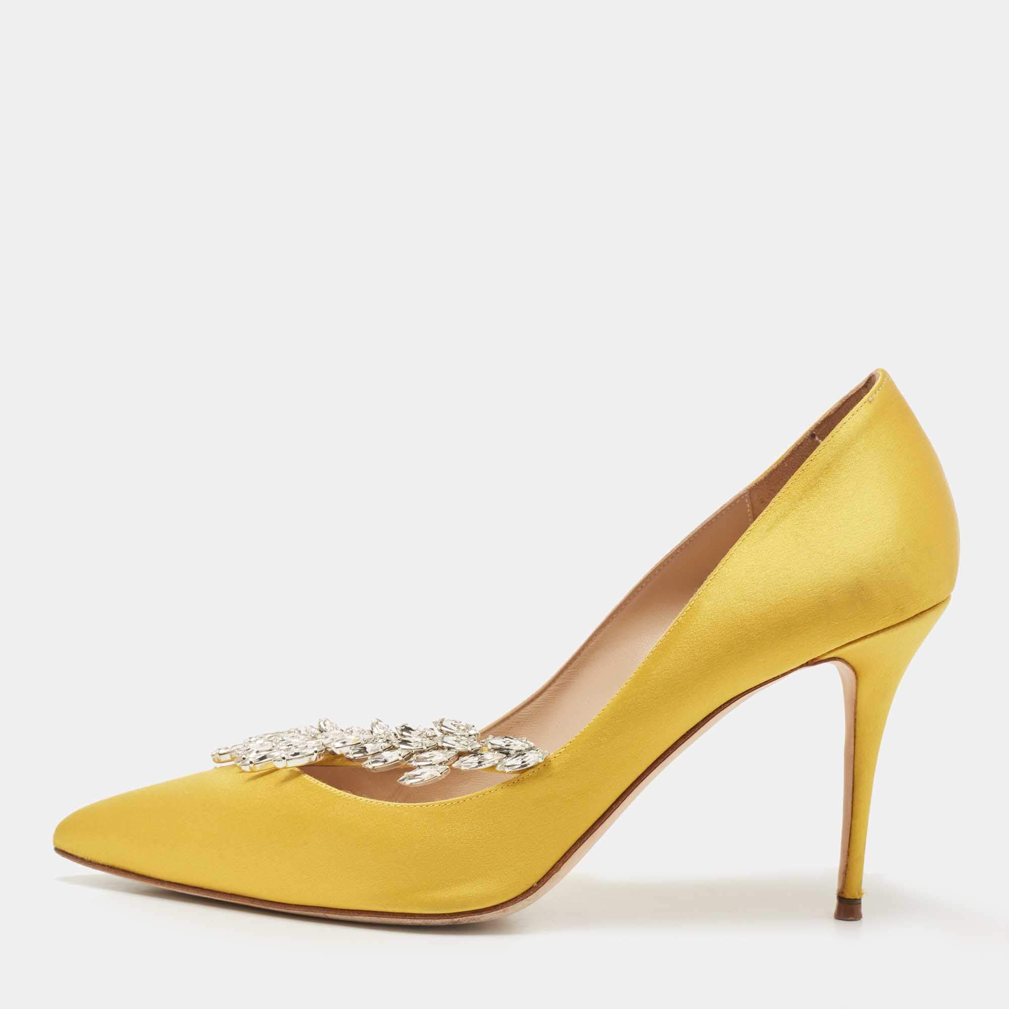 Pre Owned Manolo Blahnik Yellow Satin Crystals Embellished Nadira Pumps Size 40