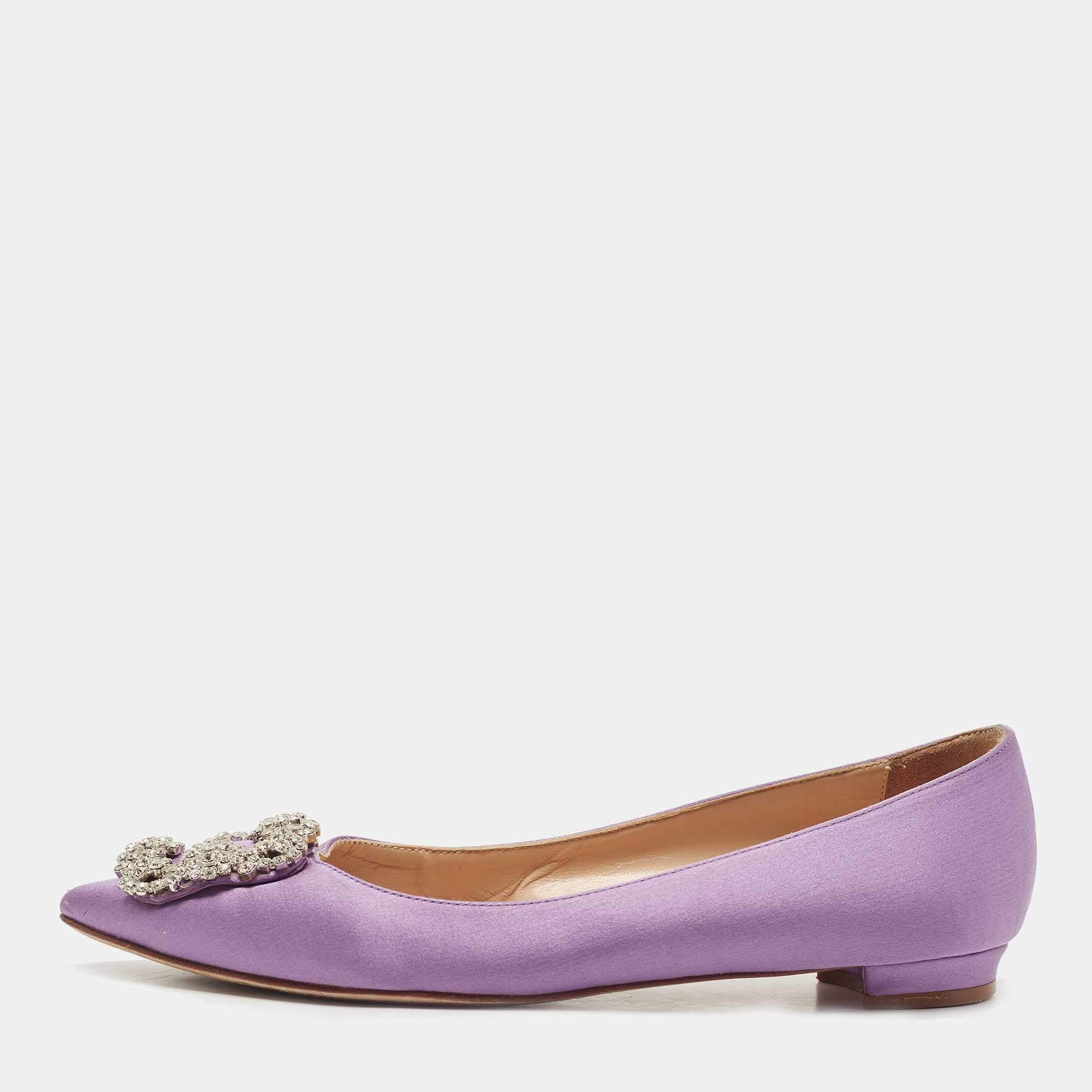 Pre Owned Manolo Blahnik Purple Satin Hangisi Ballet Flats Size 36.5