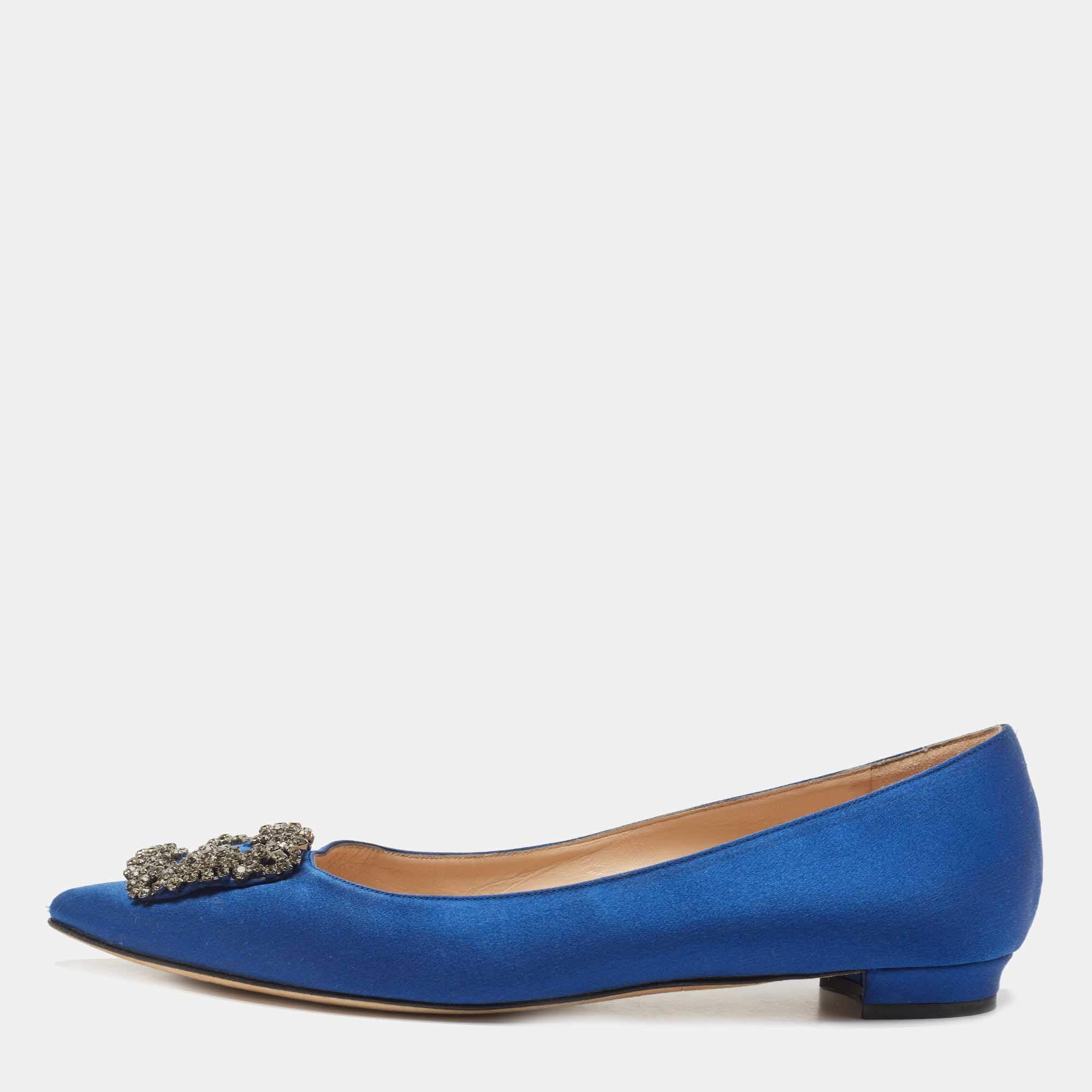 Pre Owned Manolo Blahnik Blue Satin Hangisi Ballet Flats Size 39.5