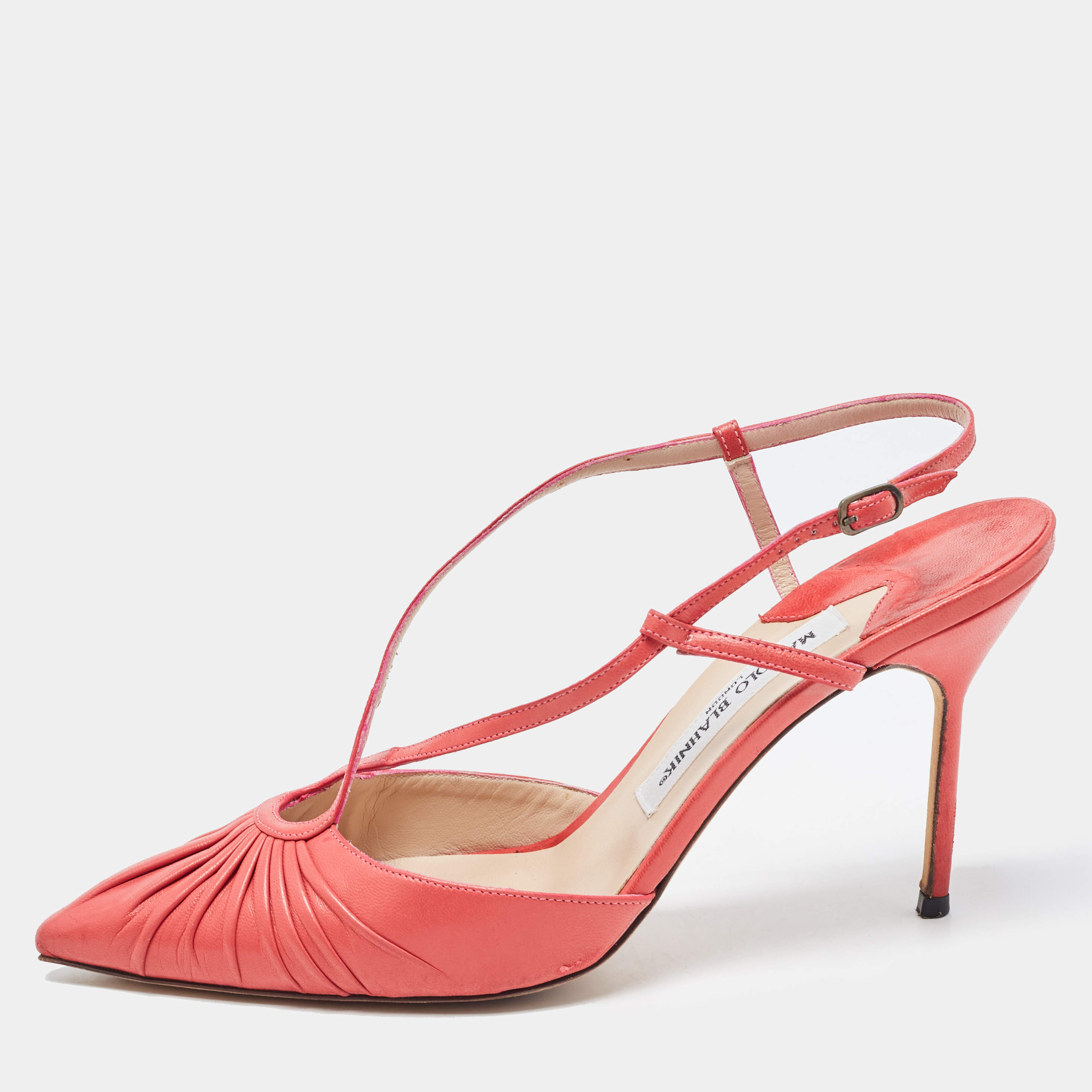 Pre Owned Manolo Blahnik Pink Pleated Leather Slingback Pumps Size 40