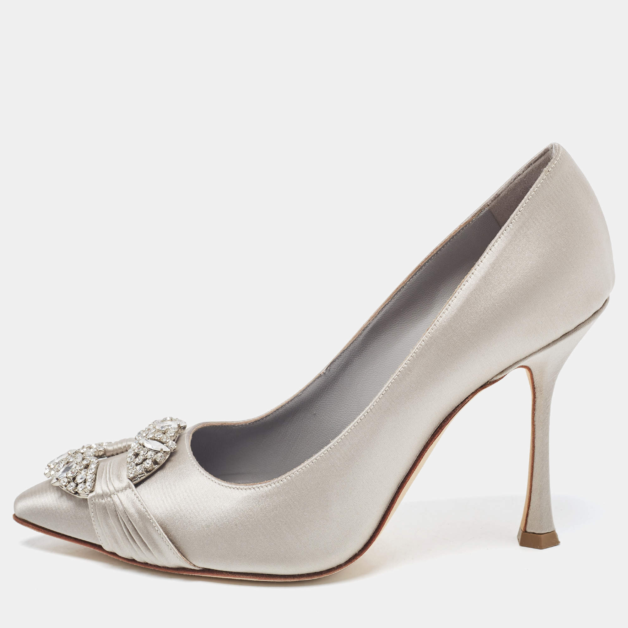Pre Owned Manolo Blahnik Grey Satin Crystal Embellished Pointed Toe Pumps Size 36