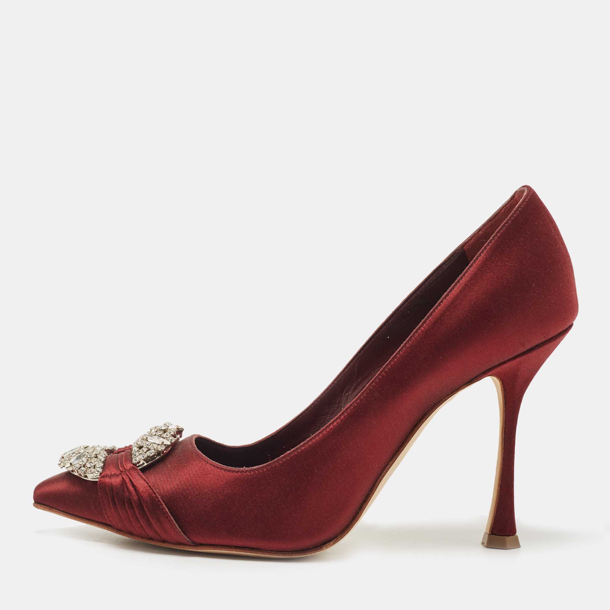 Pre Owned Manolo Blahnik Burgundy Satin Tartonacri Pumps Size 36.5