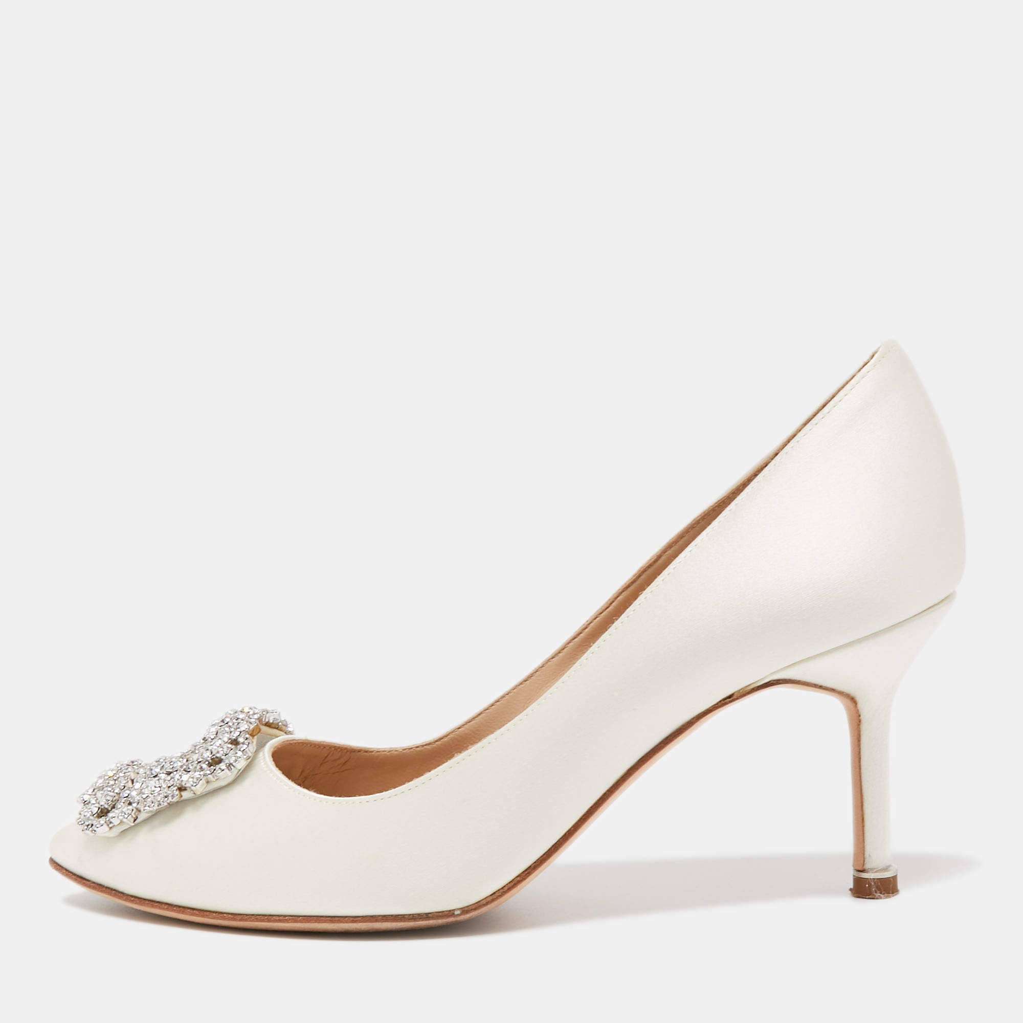 Pre Owned Manolo Blahnik White Satin Hangisi Pumps Size 36.5