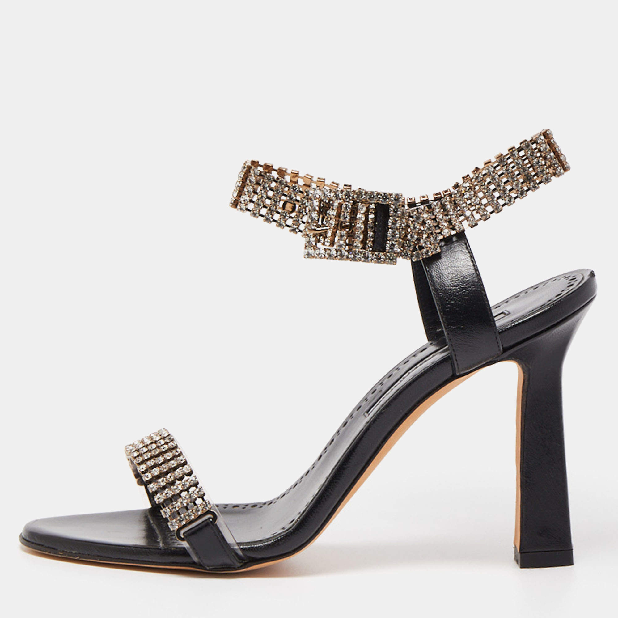 Pre Owned Manolo Blahnik Black Leather Bashifa Ankle Strap Sandals Size 36