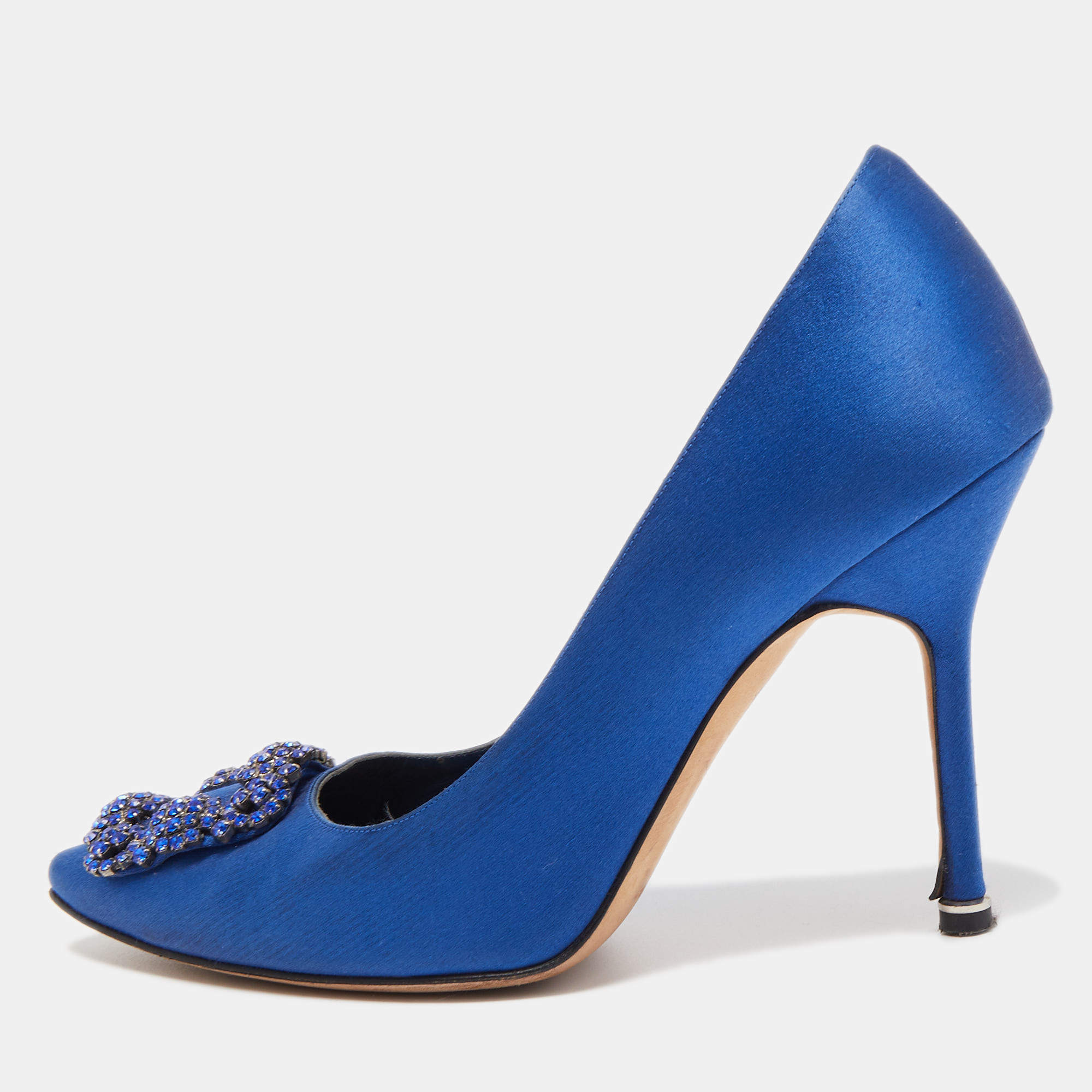 Pre Owned Manolo Blahnik Blue Satin Hangisi Crystal Embellished Pointed Toe Pumps Size 37