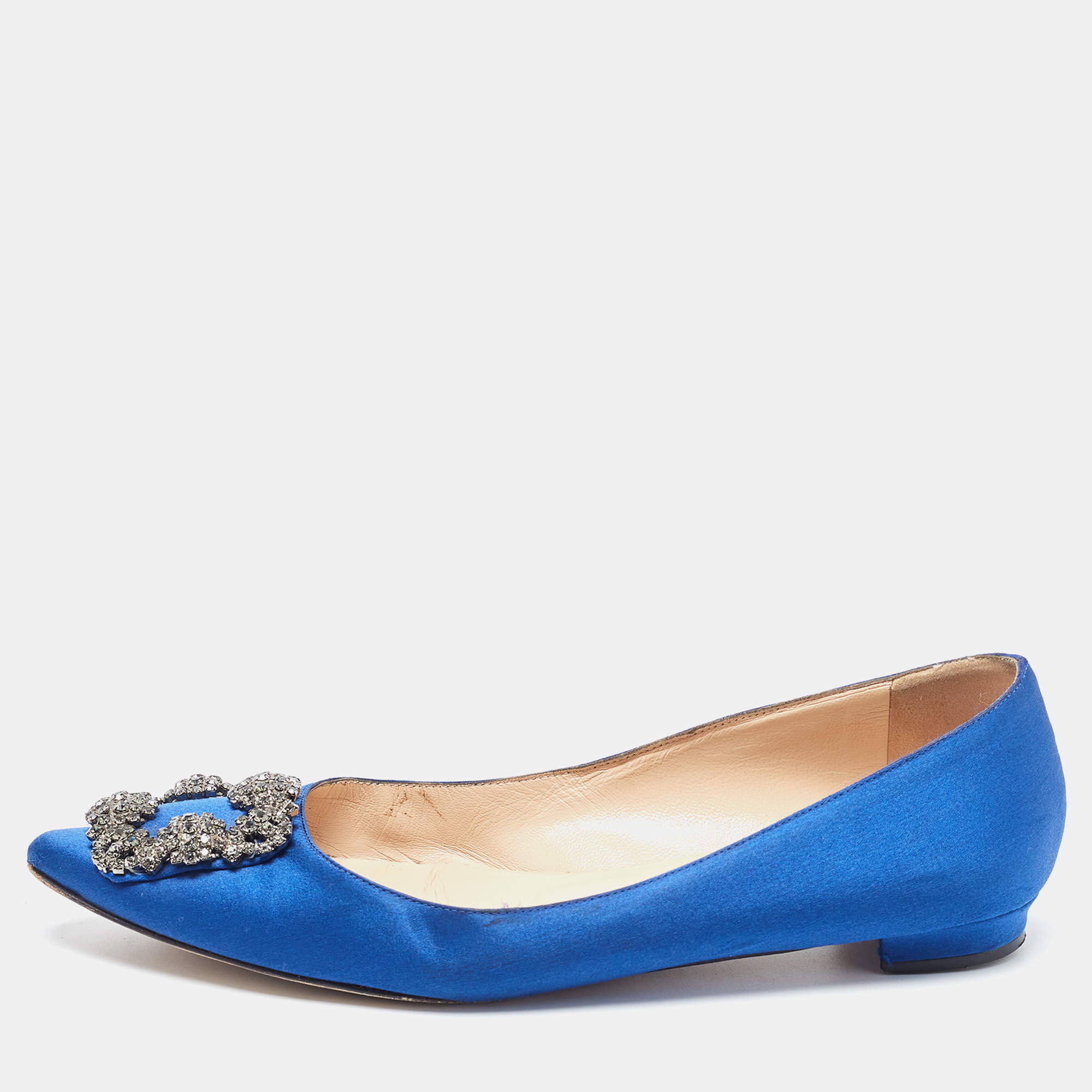 Pre Owned Manolo Blahnik Blue Satin Hangisi Ballet Flats Size 38