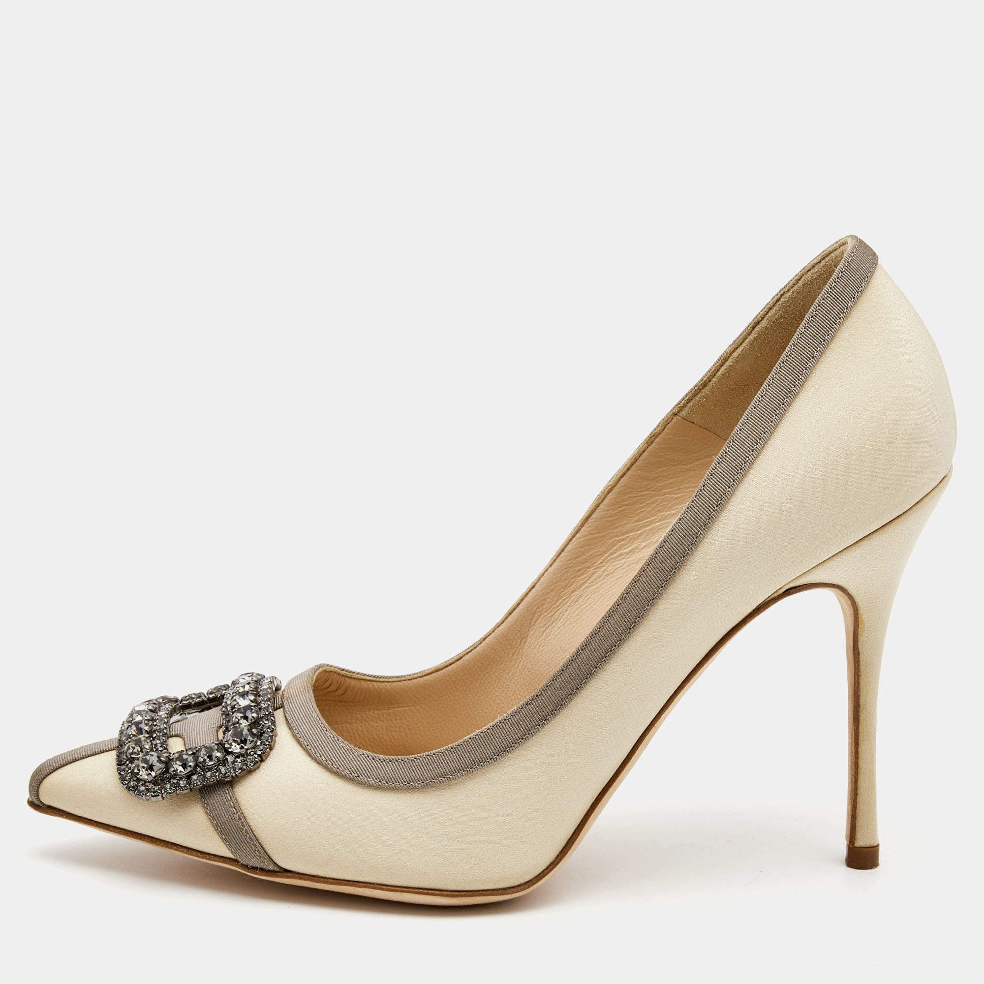Manolo Blahnik Creme Fabric Gotrian Crystals Embellished Pumps Size 38