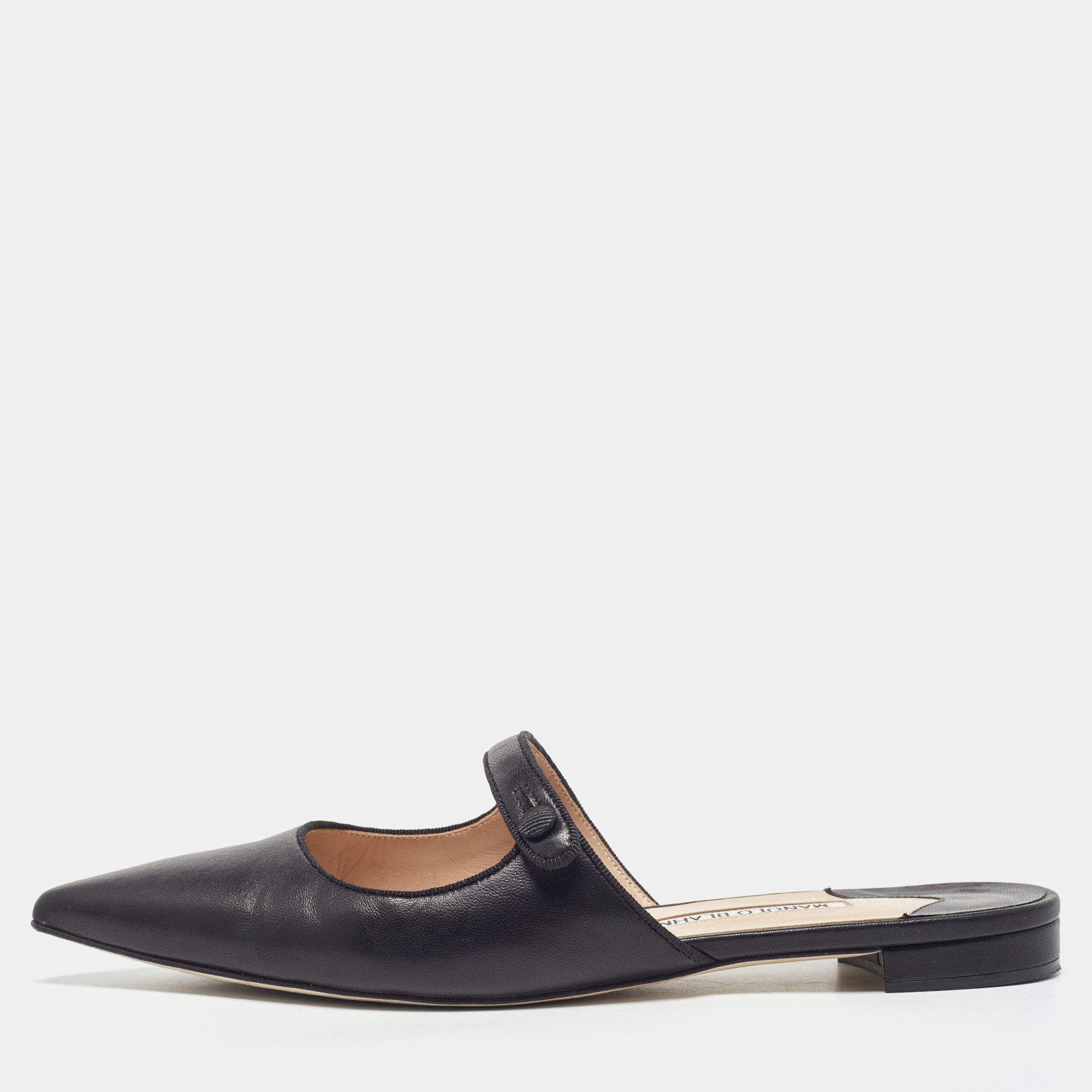 Pre Owned Manolo Blahnik Black Leather Camparimu Flat Mules Size 38.5