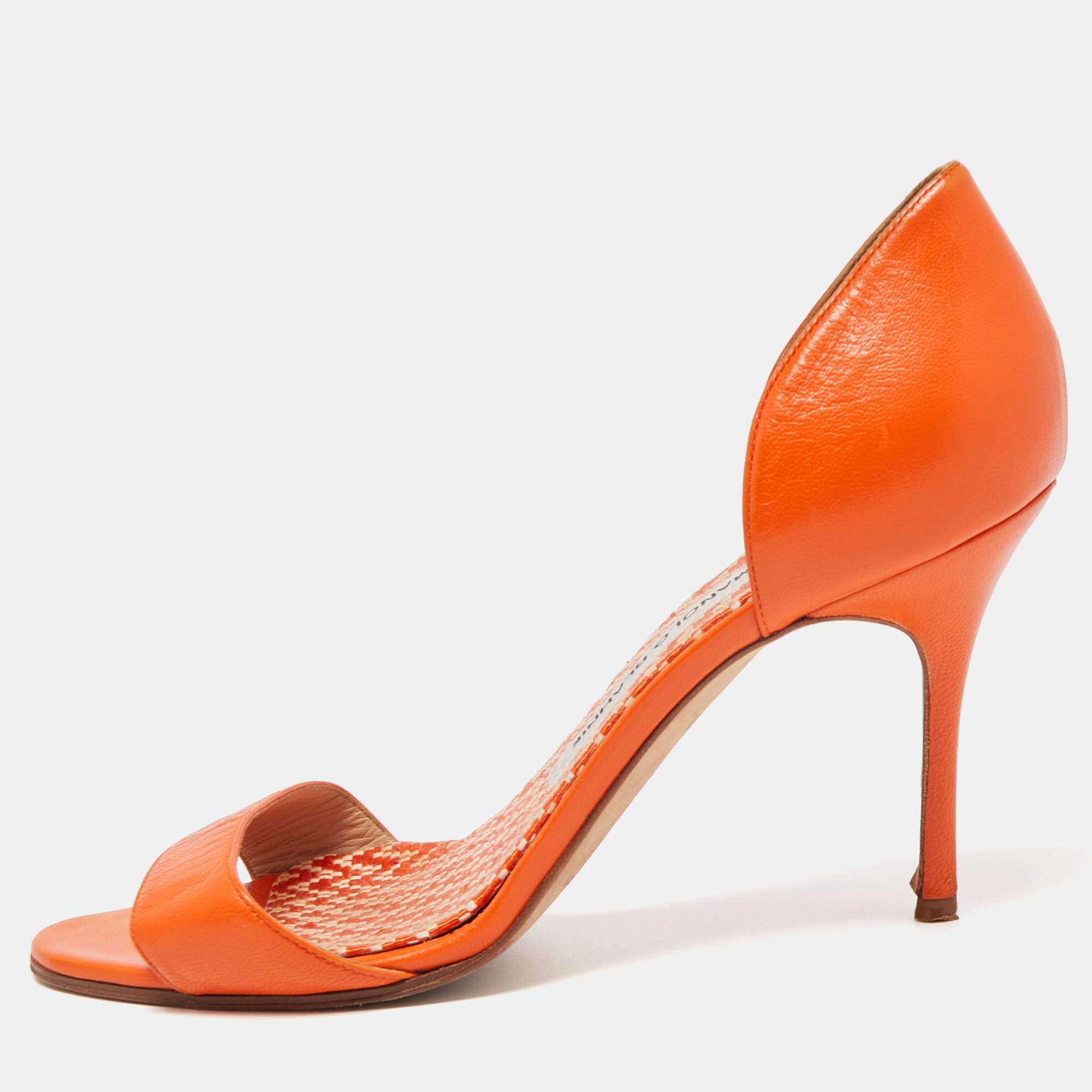 Pre Owned Manolo Blahnik Orange Leather Chaos Slide Sandals Size 37.5