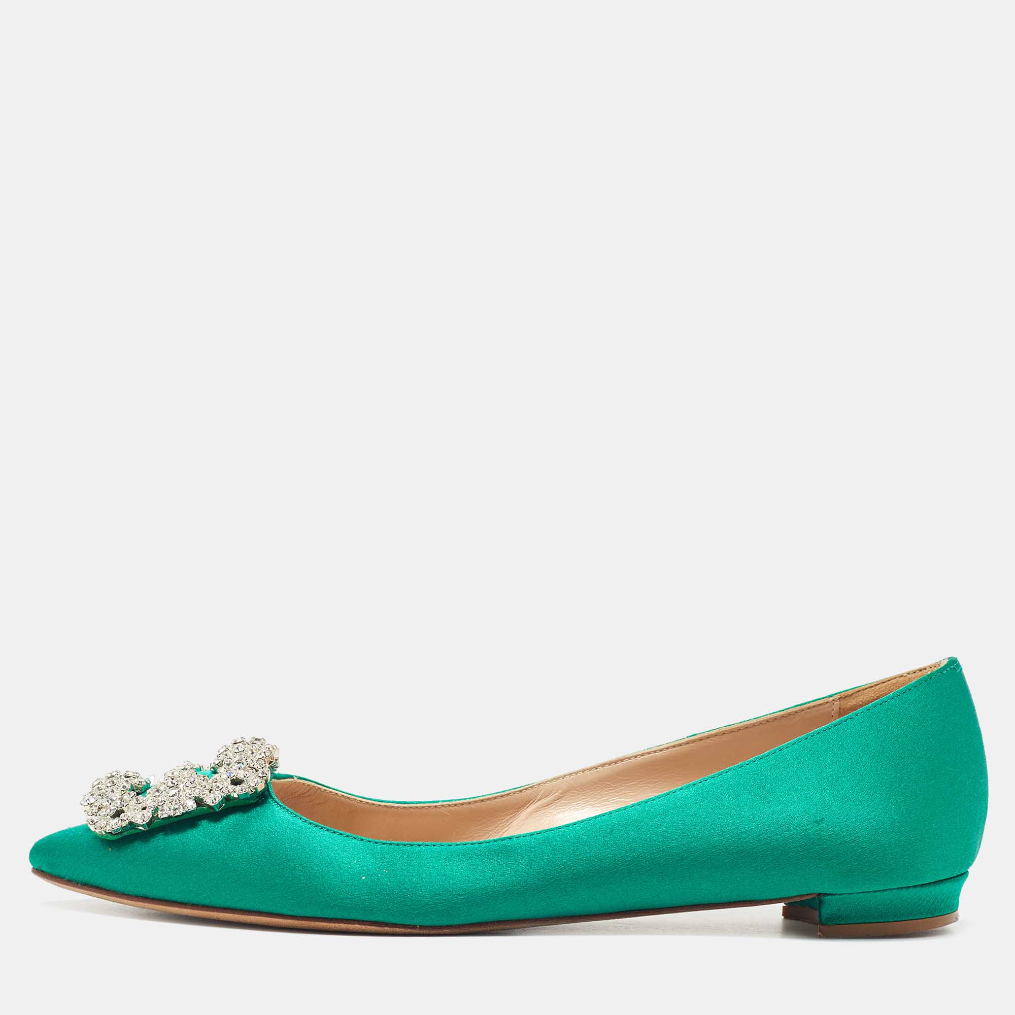 Pre Owned Manolo Blahnik Green Satin Hangisi Crystal Embellished Ballet Flats Size 36.5