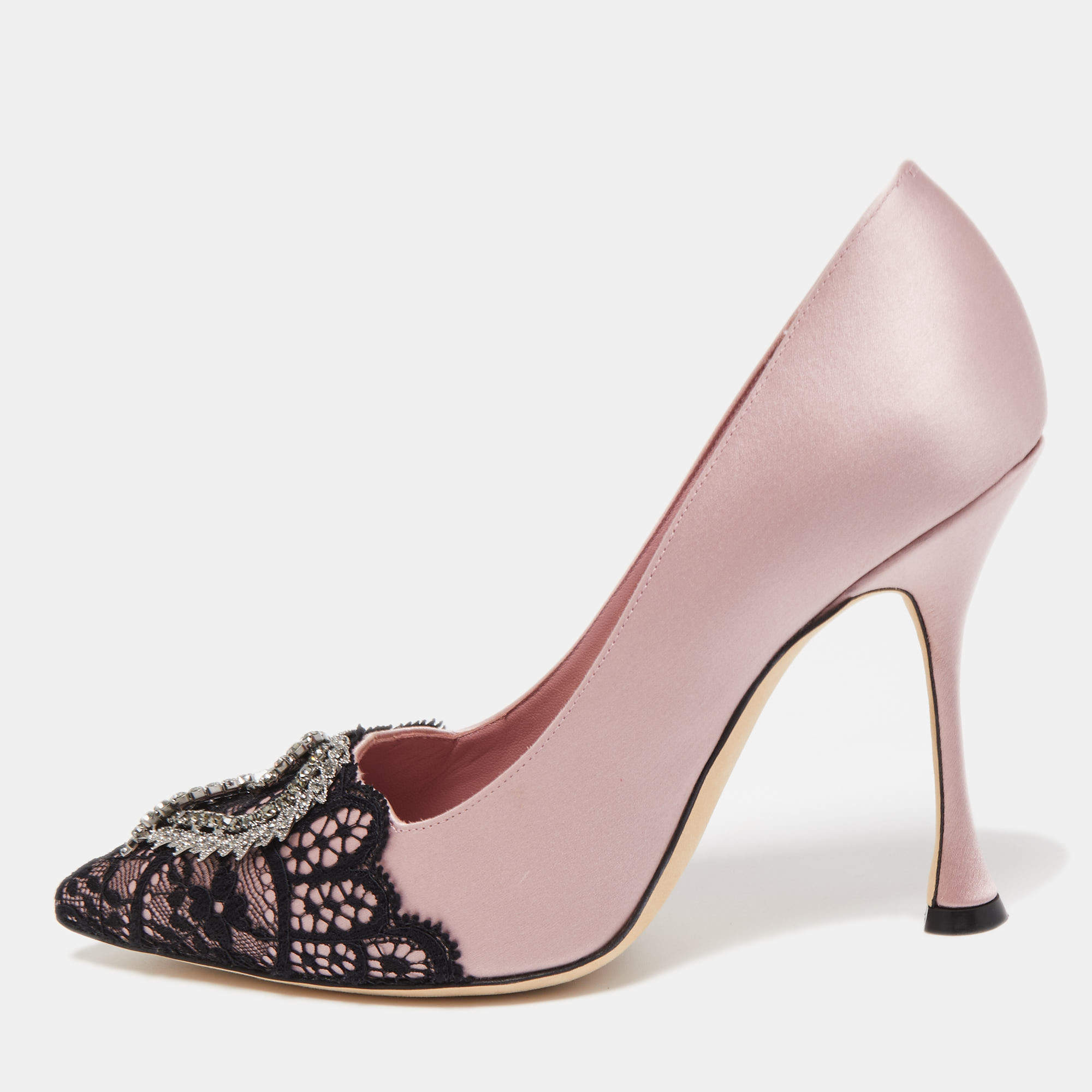 Pre Owned Manolo Blahnik Pink/Black Satin and Lace Gerontiushi Pumps Size 39