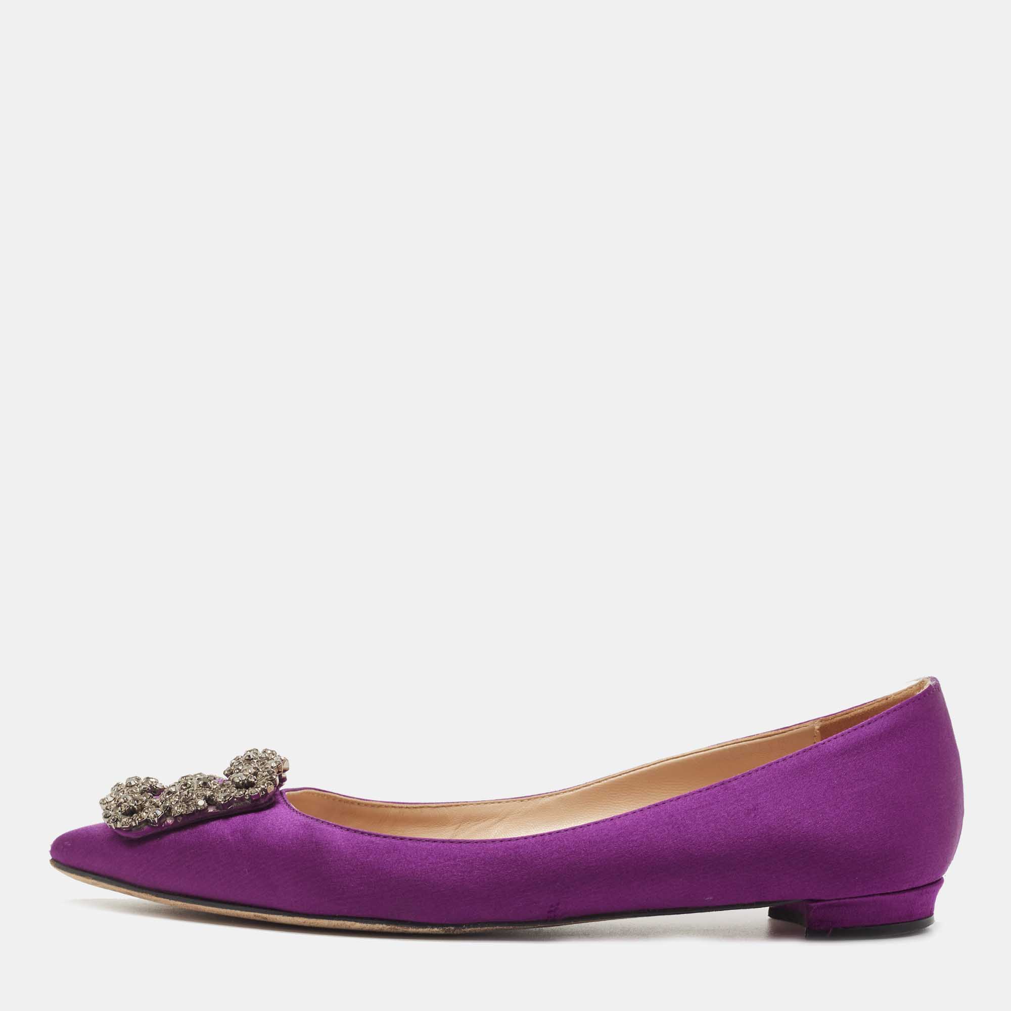 Pre Owned Manolo Blahnik Purple Satin Hangisi Ballet Flats Size 37.5