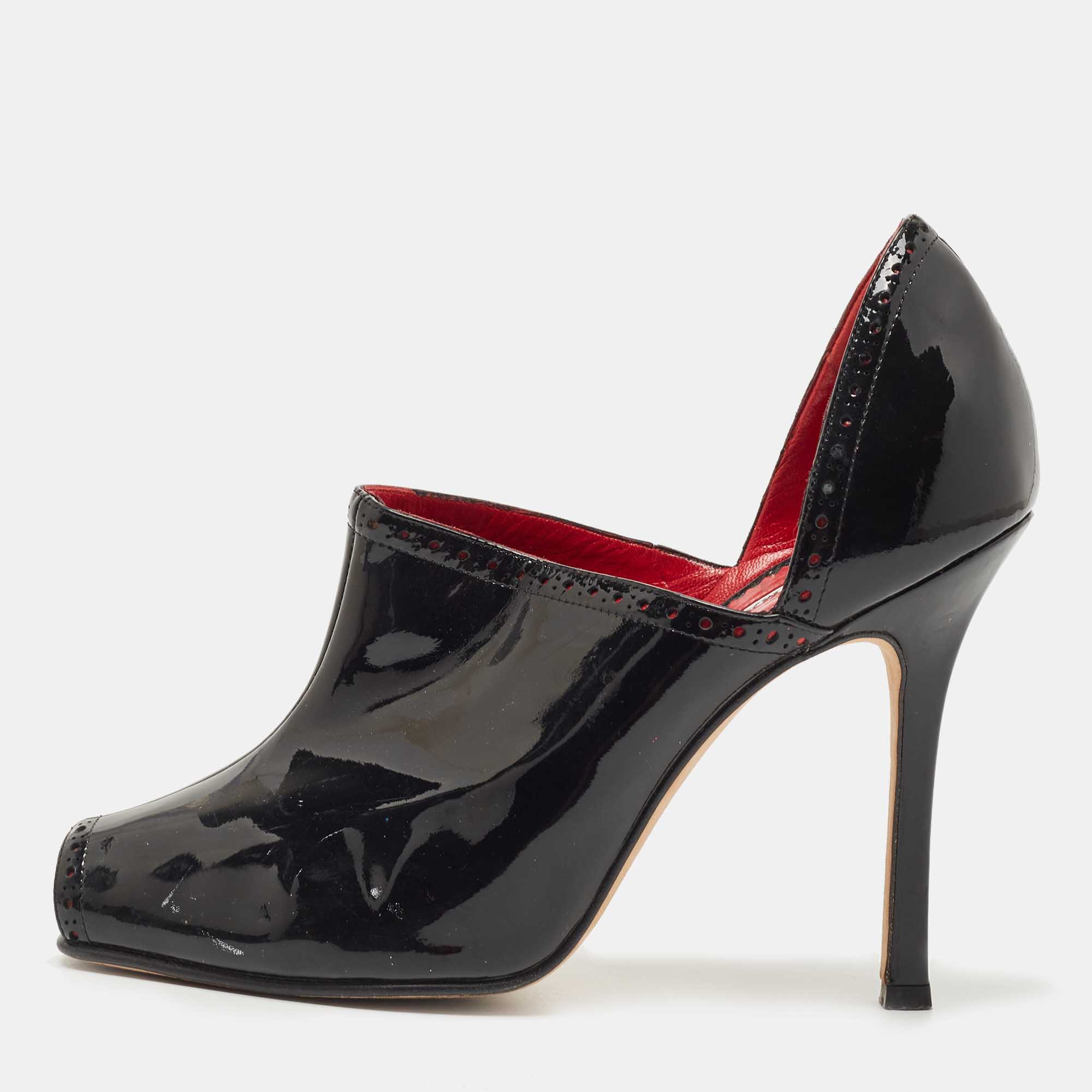 Manolo Blahnik Black Patent Leather Peep Toe Ankle Booties Size 38.5