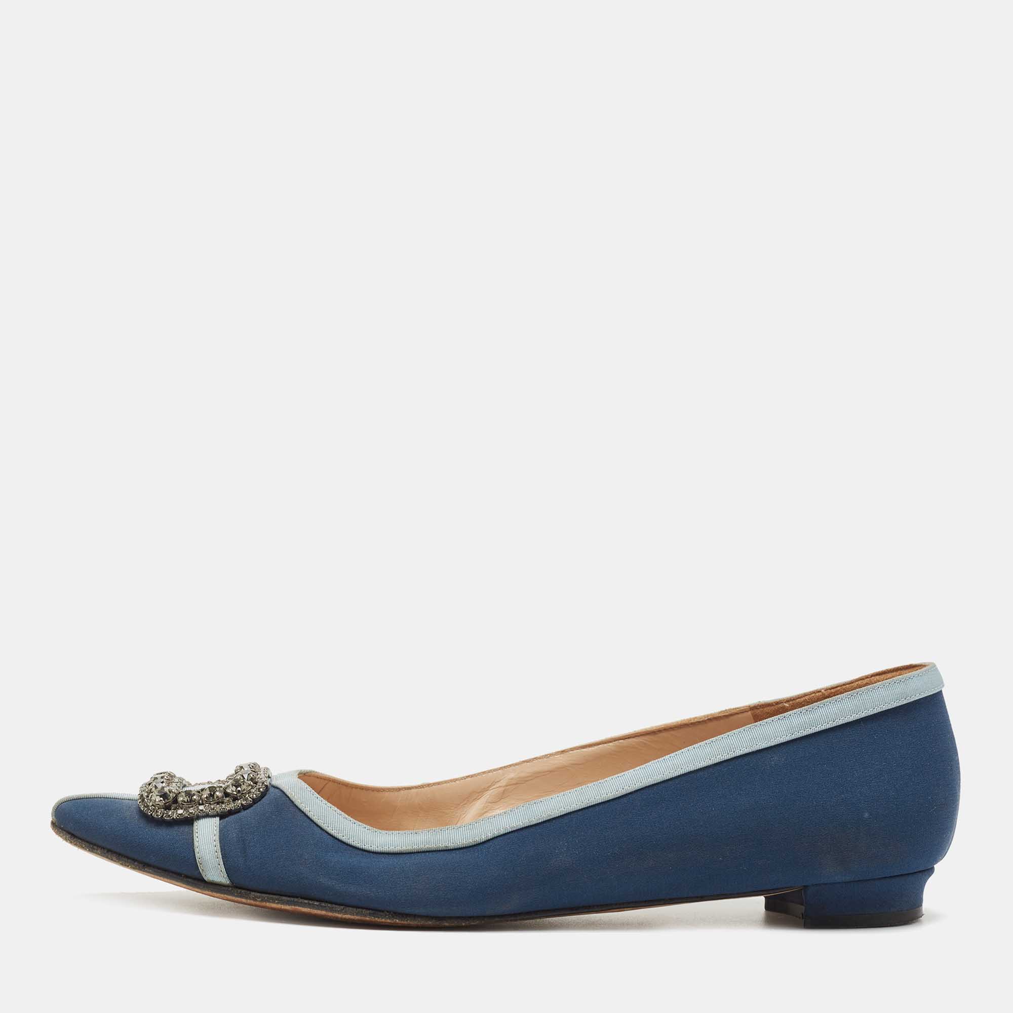 Pre Owned Manolo Blahnik Blue Satin Gotrian Crystal Embellished Pointed Toe Ballet Flats Size 40.5