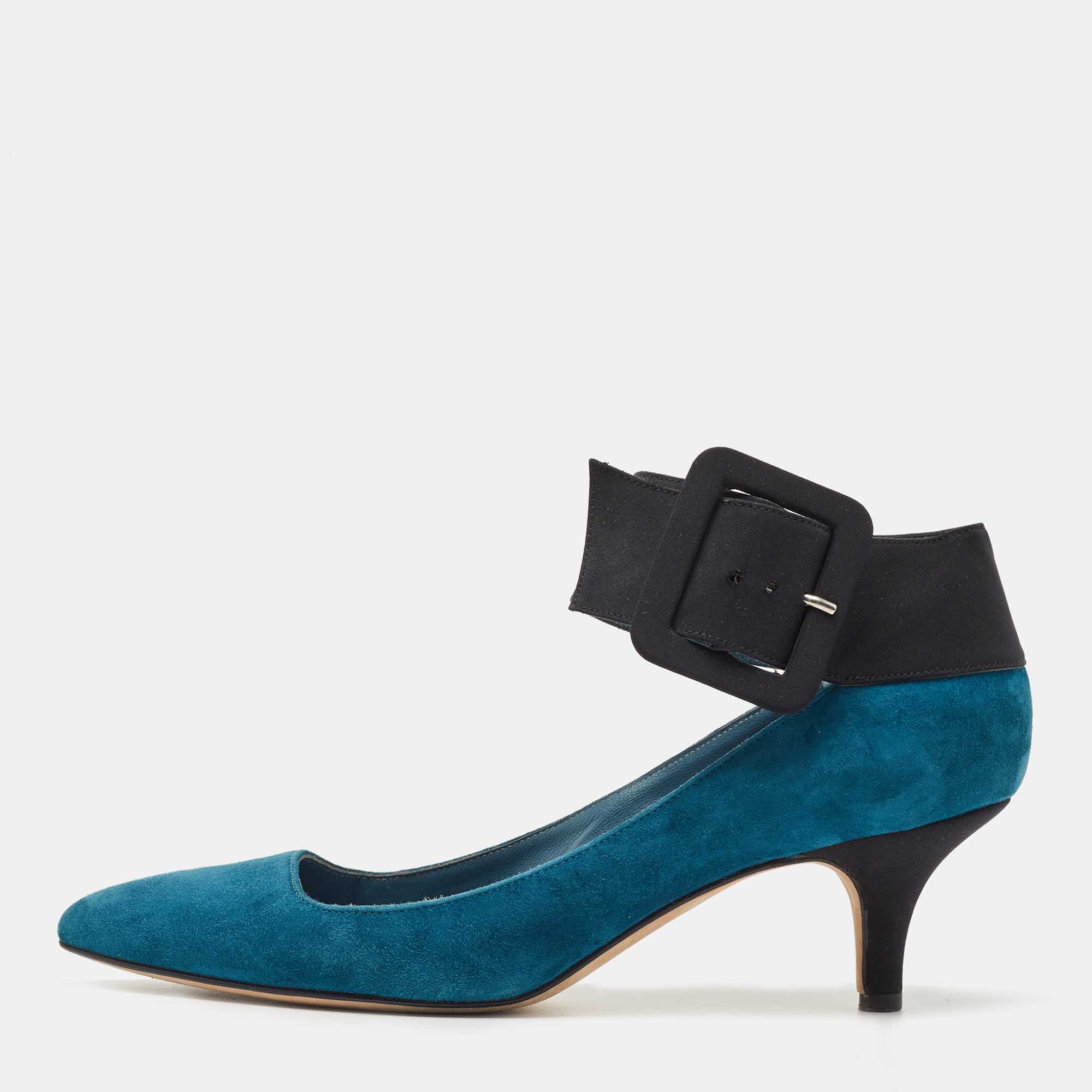Pre Owned Manolo Blahnik Teal Blue/Black Suede and Fabric Ankle Strap Pumps Size 38.5