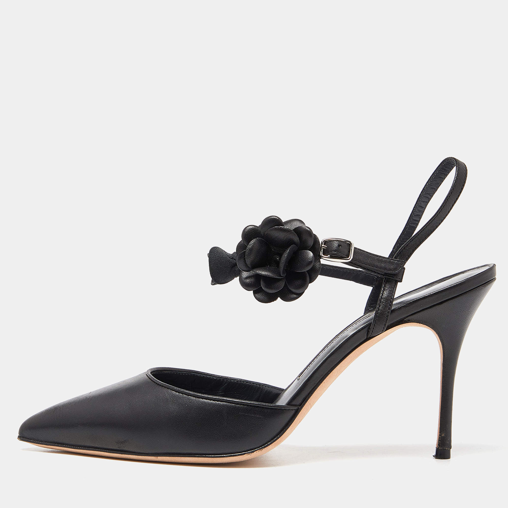 Pre Owned Manolo Blahnik Black Leather Slingback Pumps Size 40