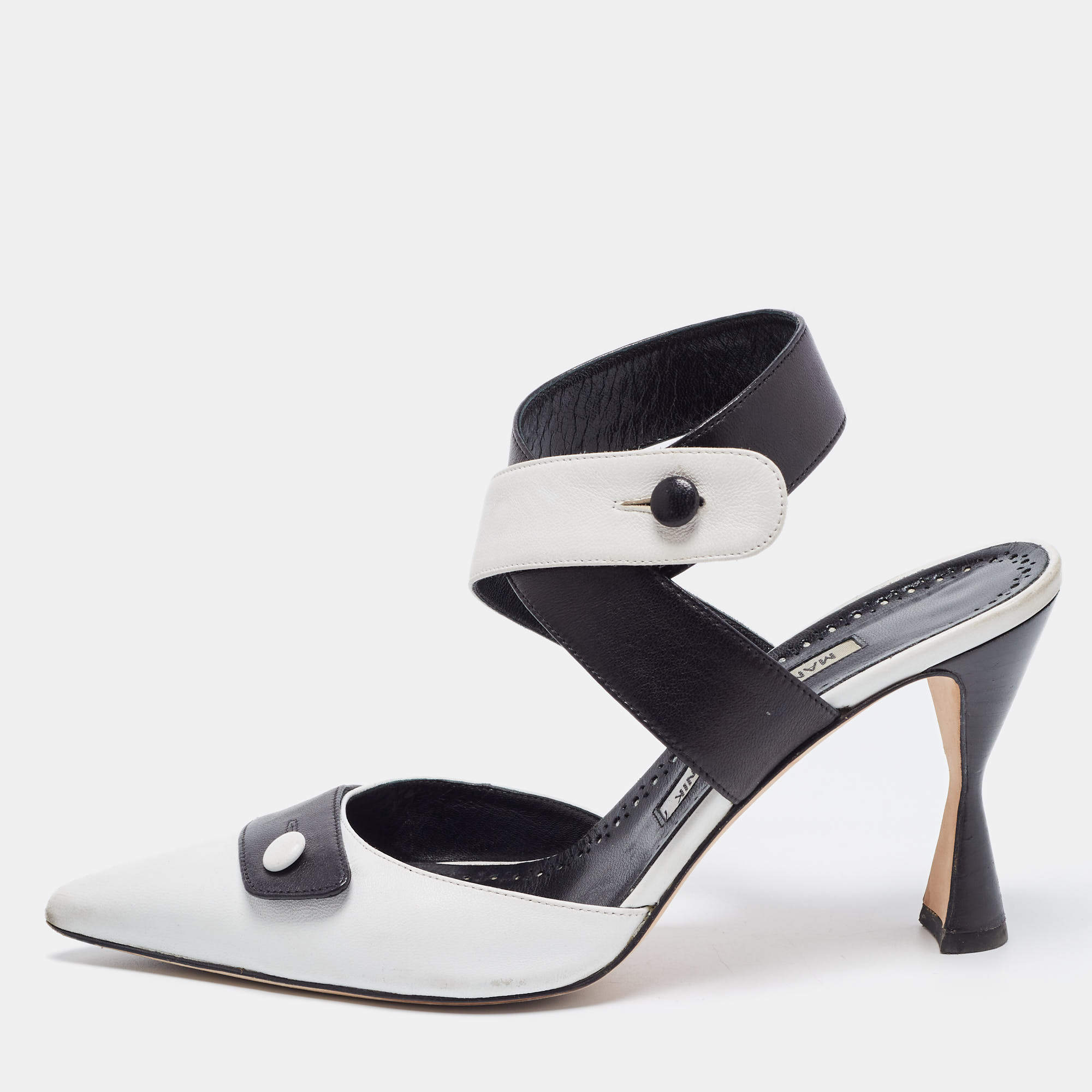 Pre Owned Manolo Blahnik White/Black Leather Ankle Wrap Pumps Size 38