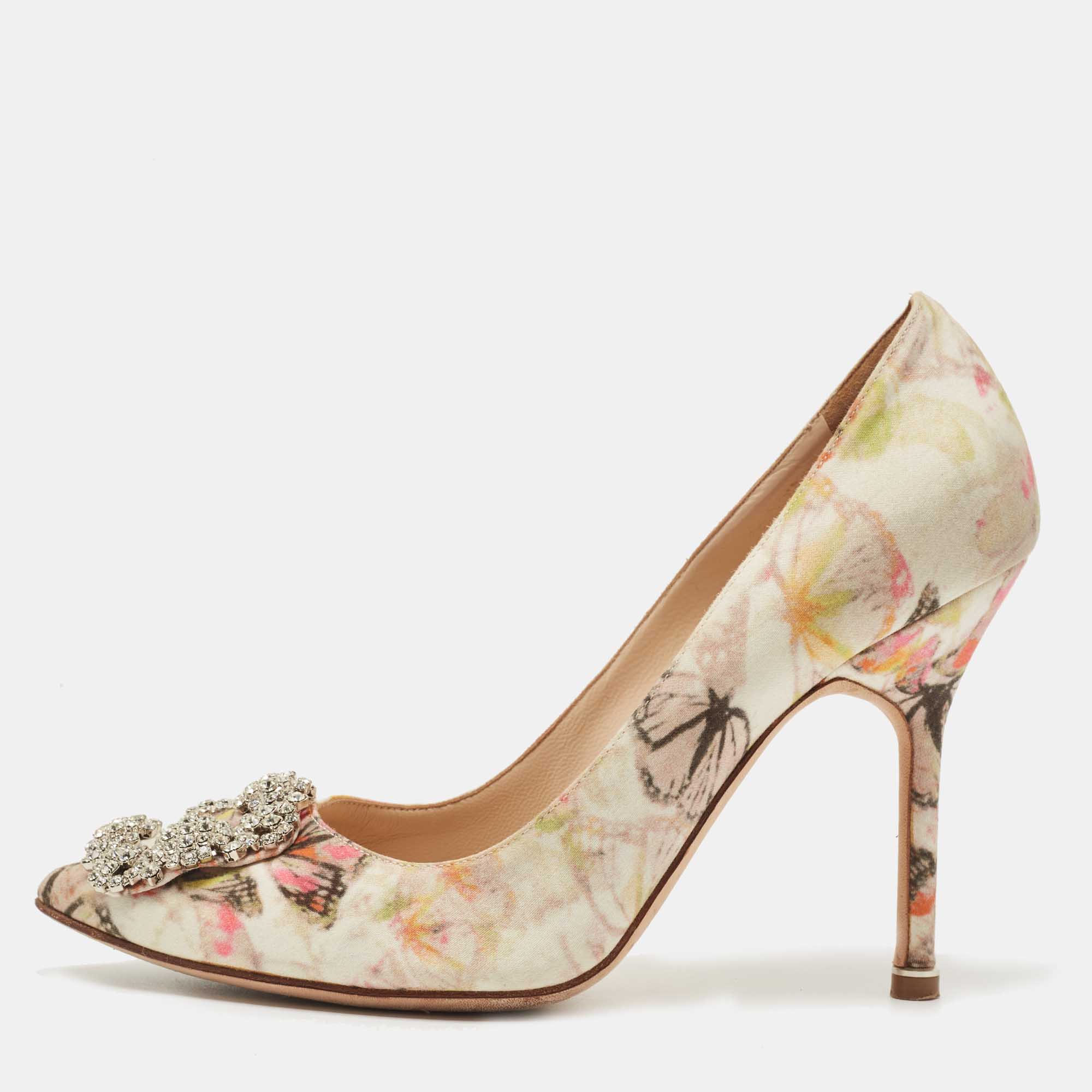 Manolo Blahnik Multicolor Printed Fabric Hangisi Pumps Size 37
