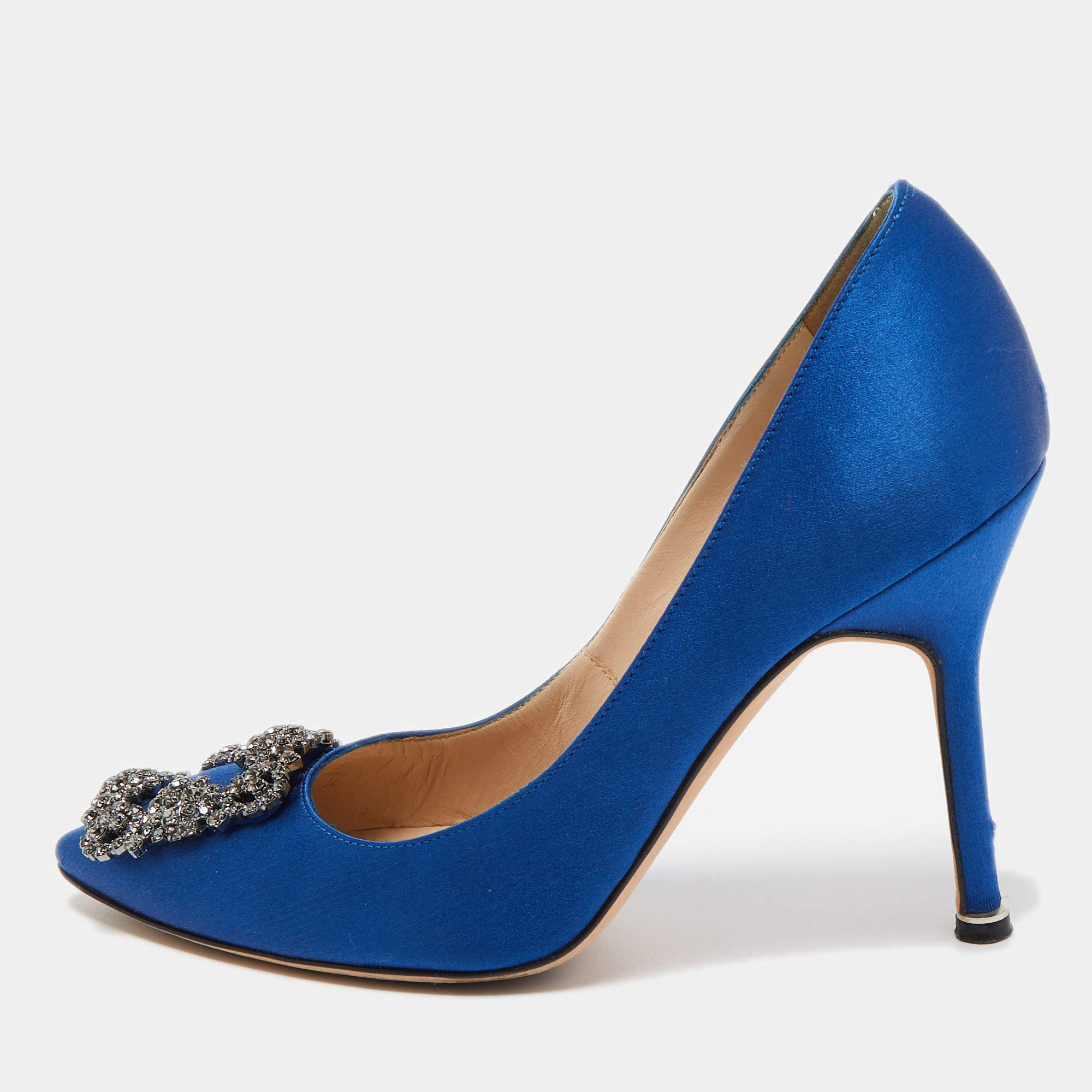 Pre Owned Manolo Blahnik Blue Satin Hangisi Pumps Size 36