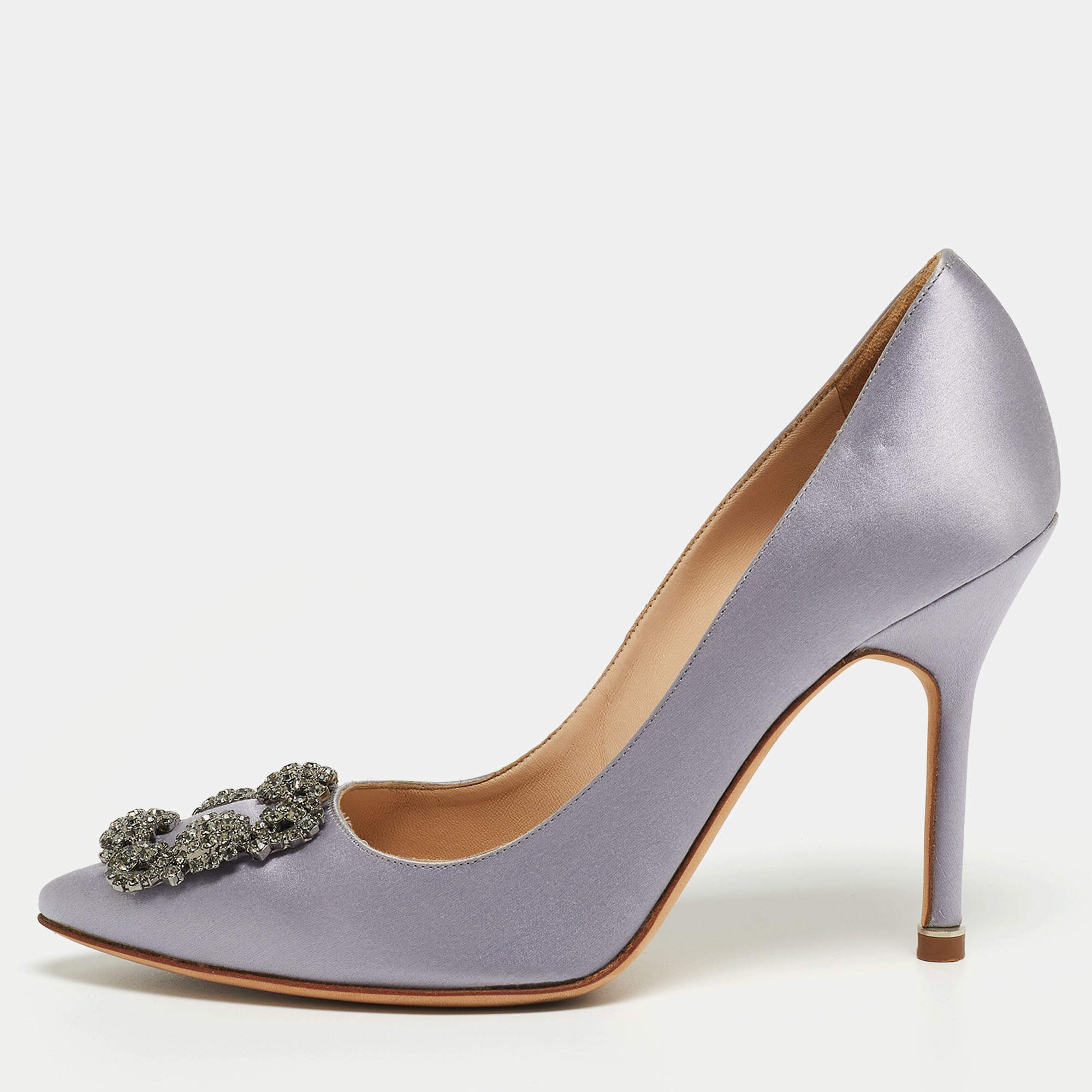 Pre Owned Manolo Blahnik Purple Satin Hangisi Crystal Embellished Pointed Toe Pumps Size 37.5