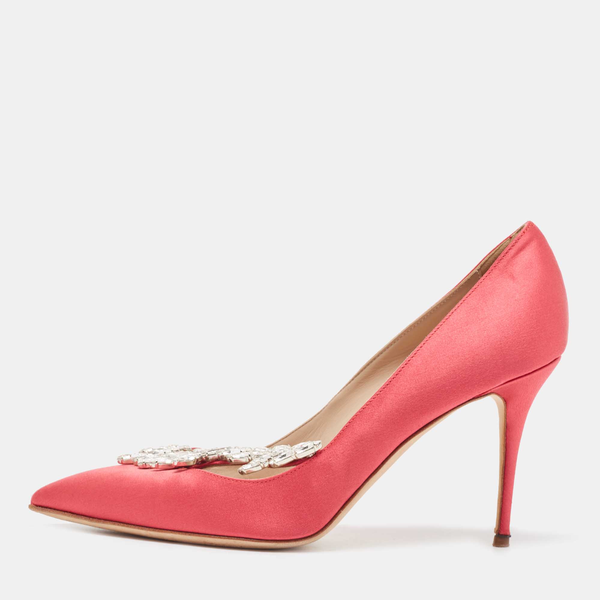 Pre Owned Manolo Blahnik Pink Satin Nadira Pumps Size 38.5