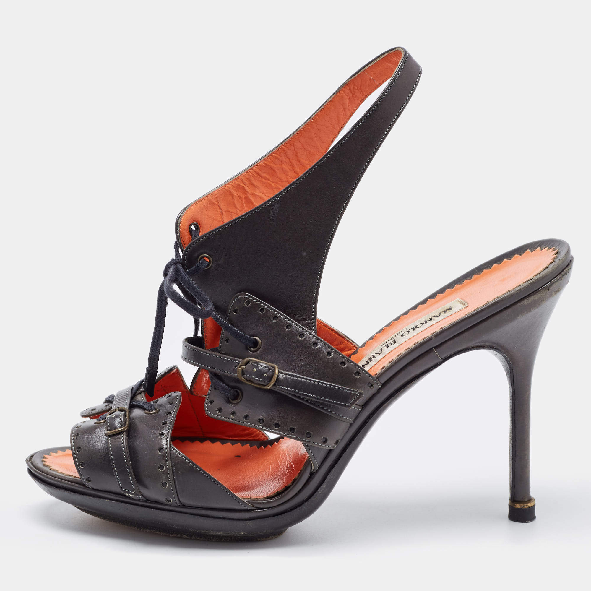 Pre Owned Manolo Blahnik Grey Leather Lace Up Slingback Sandals Size 39