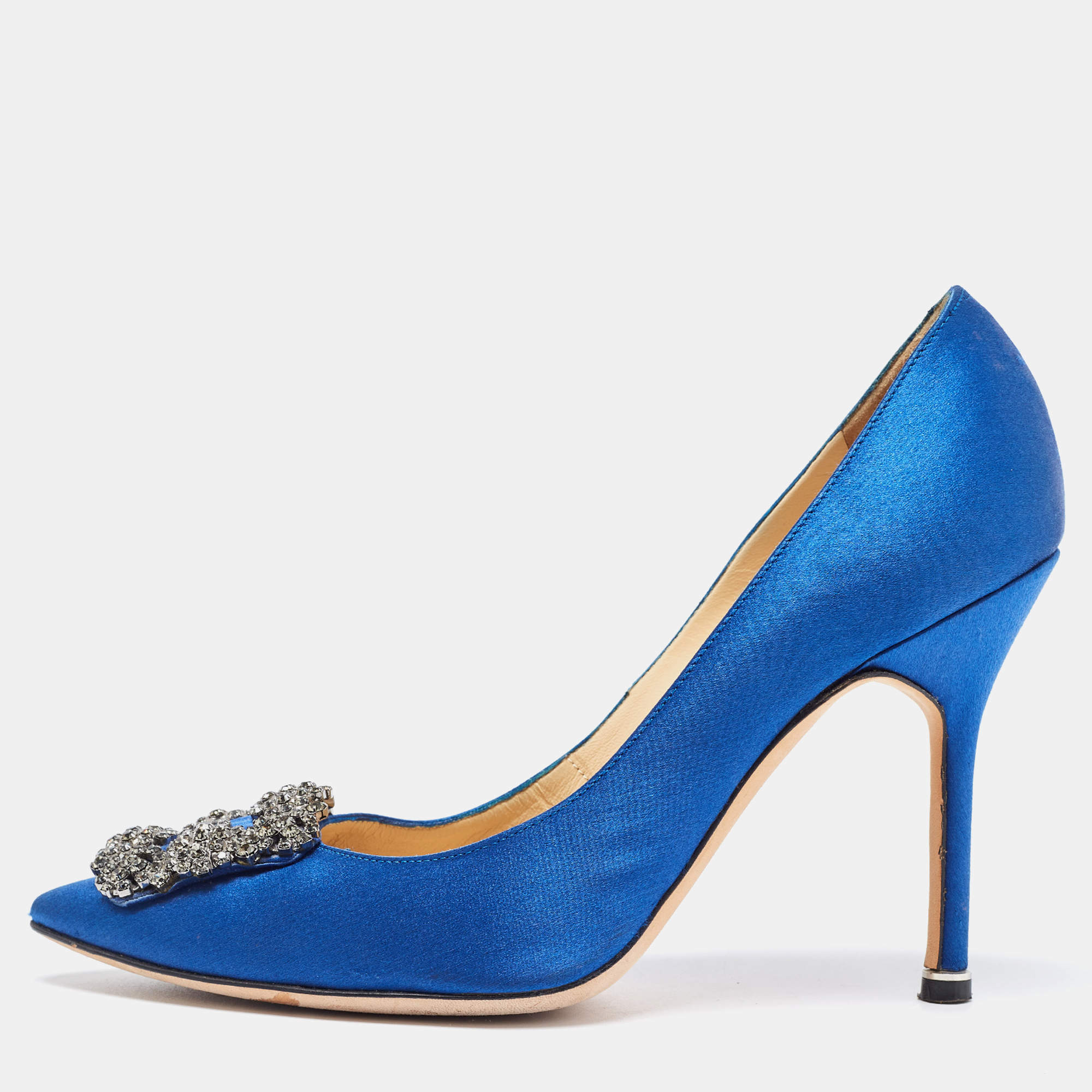 Pre Owned Manolo Blahnik Blue Satin Hangisi Pumps Size 37.5