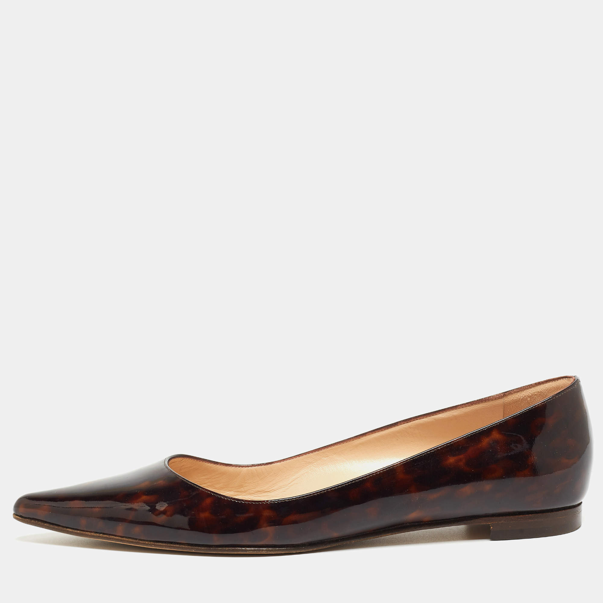 Pre Owned Manolo Blahnik Brown Patent Pointed Toe Ballet Flats Size 37.5