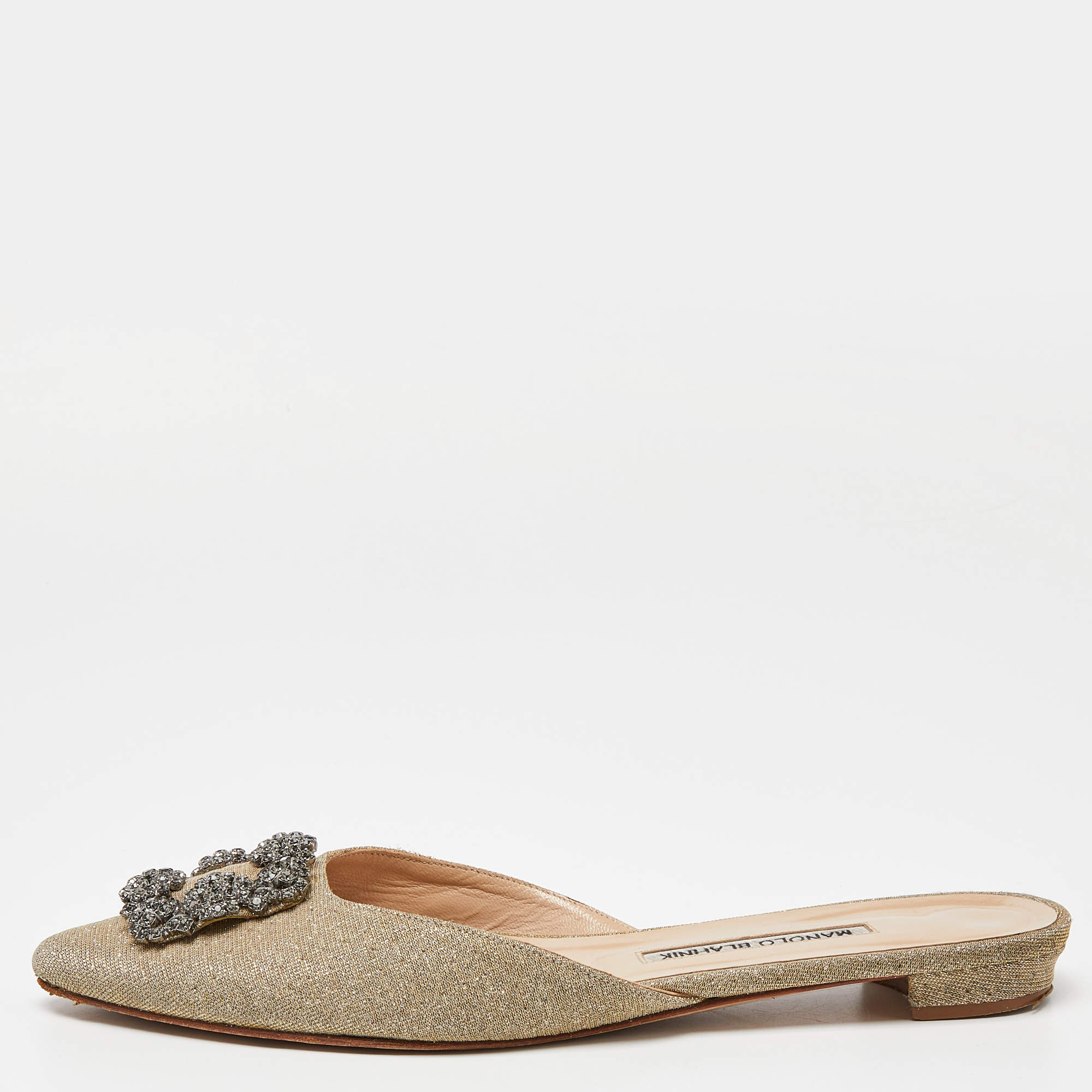 Pre Owned Manolo Blahnik Beige Lurex Fabric Hangisi Flat Mules Size 39