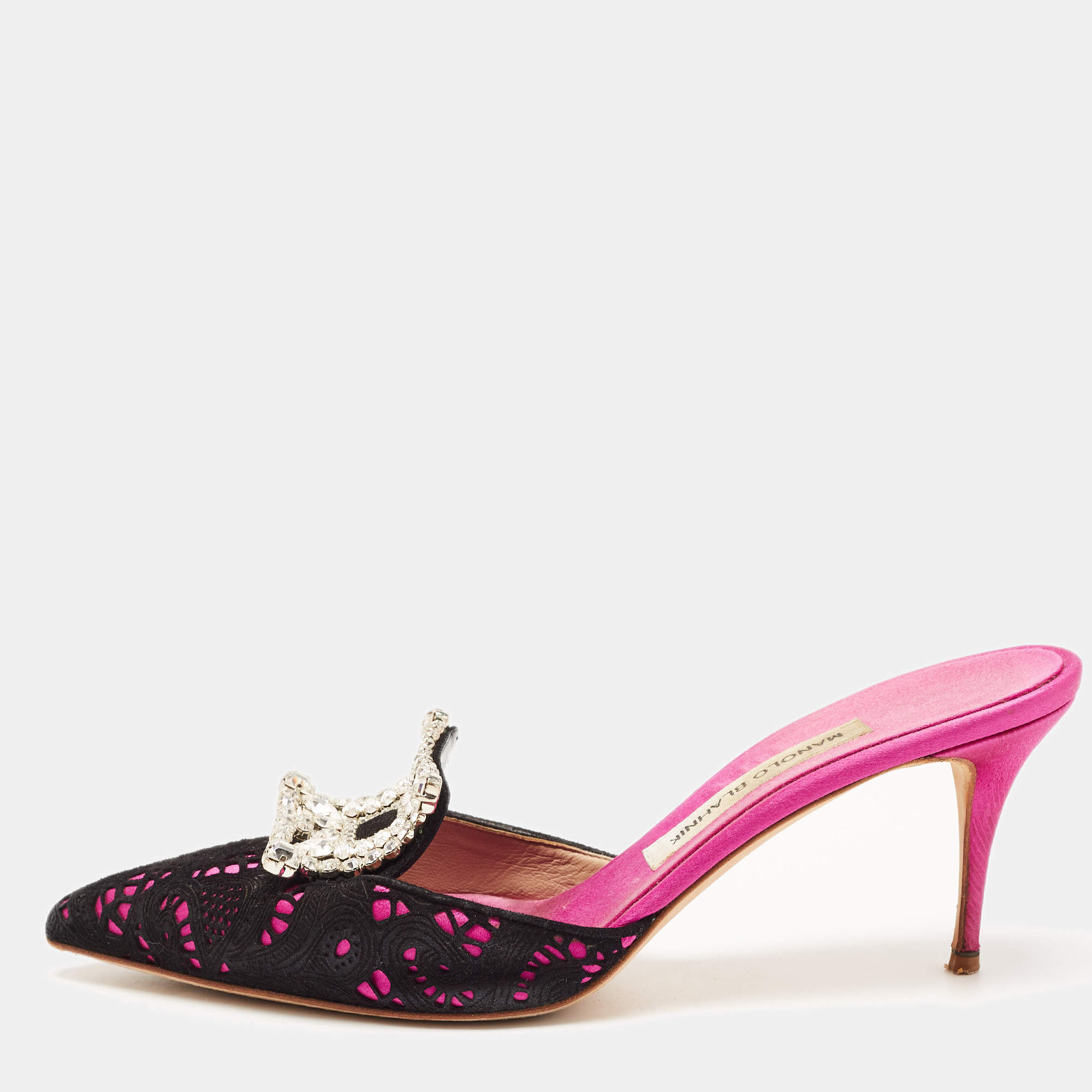 Pre Owned Manolo Blahnik Pink/Black  Satin and Lace Borli Crystal Embellished Mules Size 39.5 