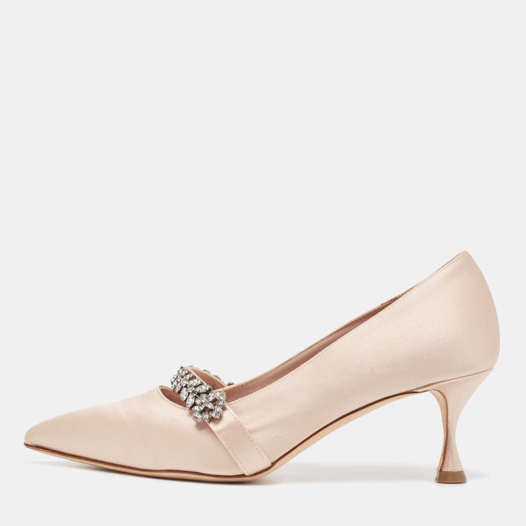 Pre Owned Manolo Blahnik Light Pink Satin Crystal Embellished Pumps Size 38