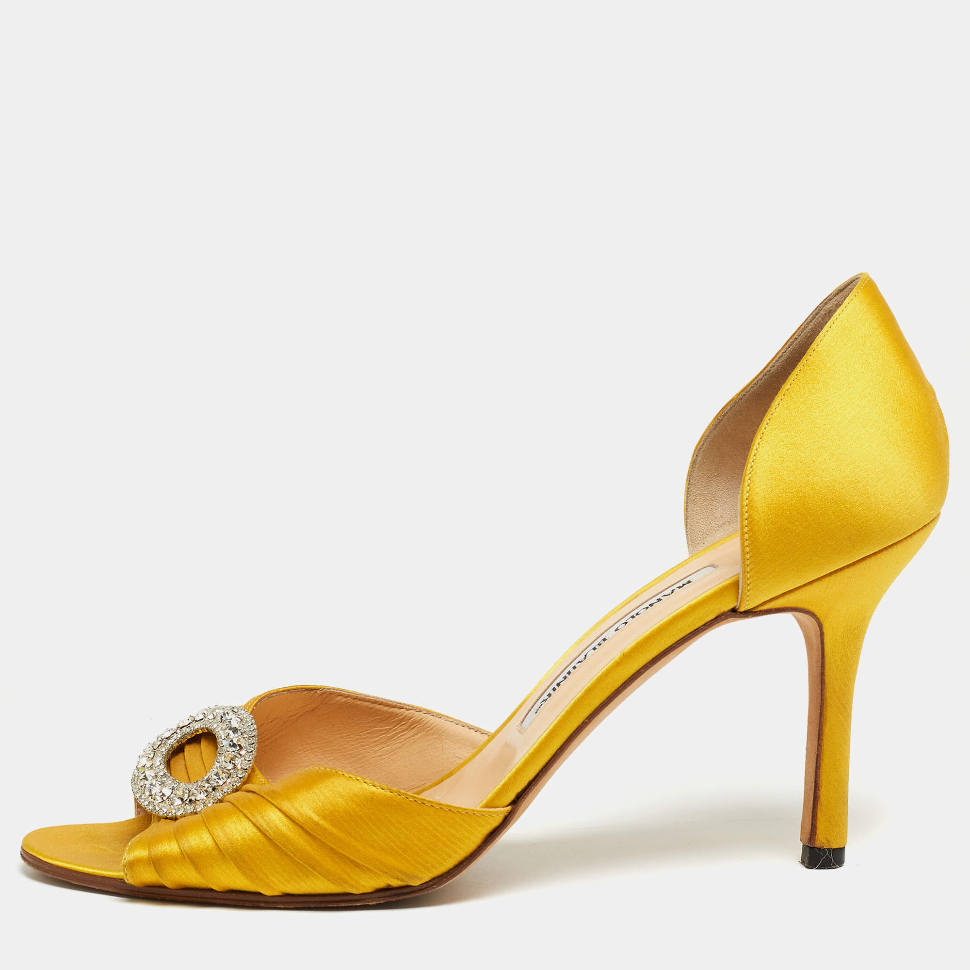 Pre Owned Manolo Blahnik Yellow Pleated Satin Sedaraby D'orsay Sandals Size 39.5
