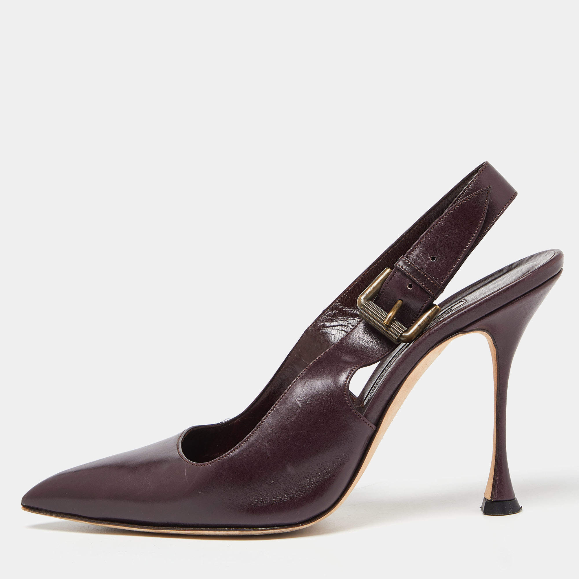 Manolo Blahnik Burgundy Leather Pointed Toe Slingback Pumps Size