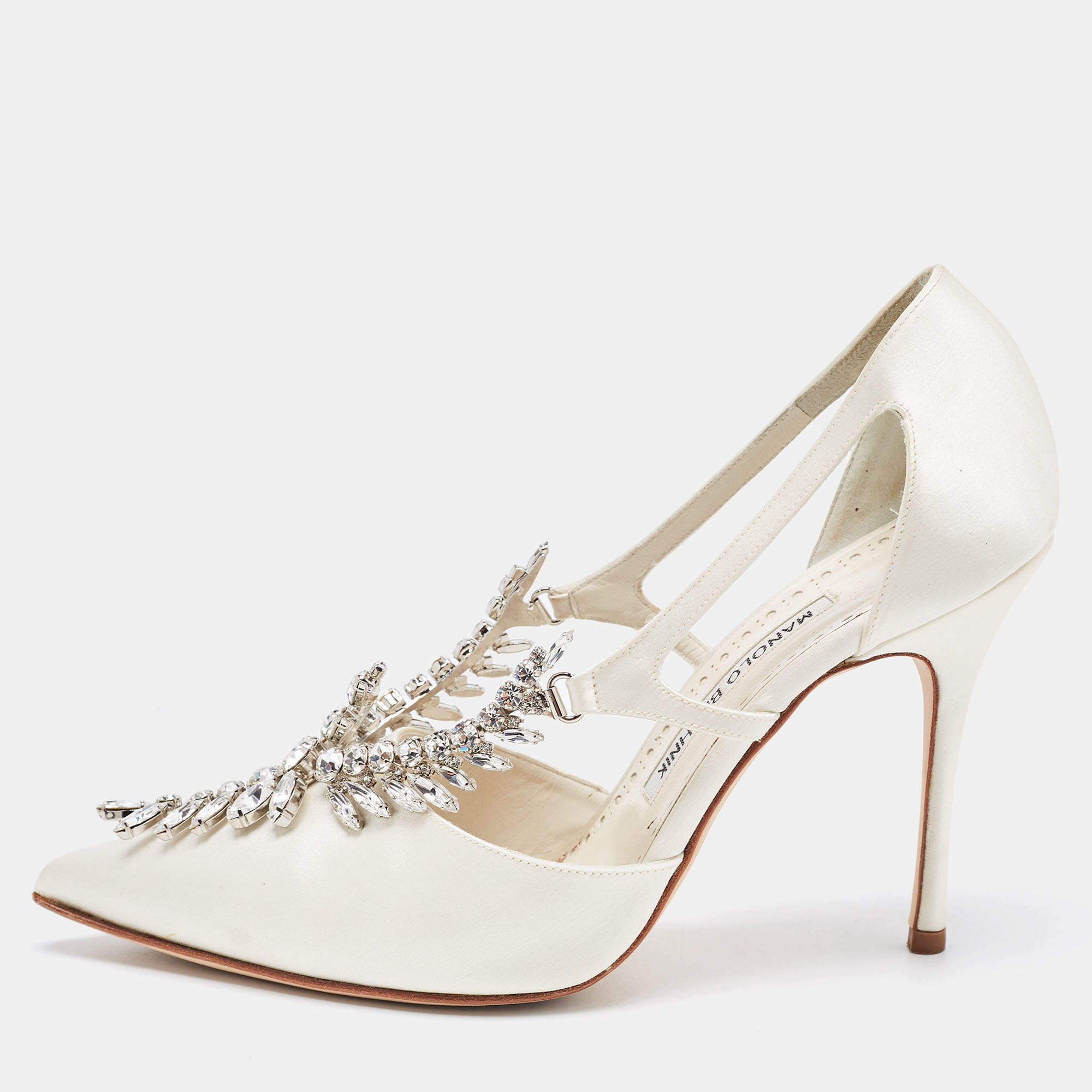 Pre Owned Manolo Blahnik Grey Satin Lala Pumps Size 37