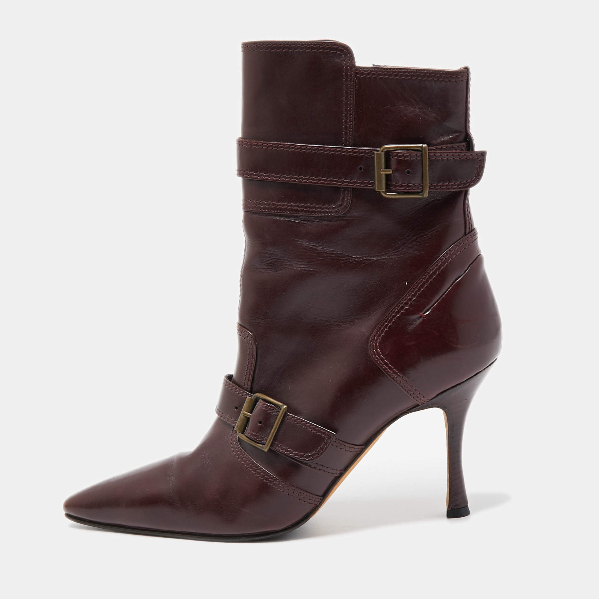 Manolo Blahnik Burgundy Leather Ankle Boots Size 37.5