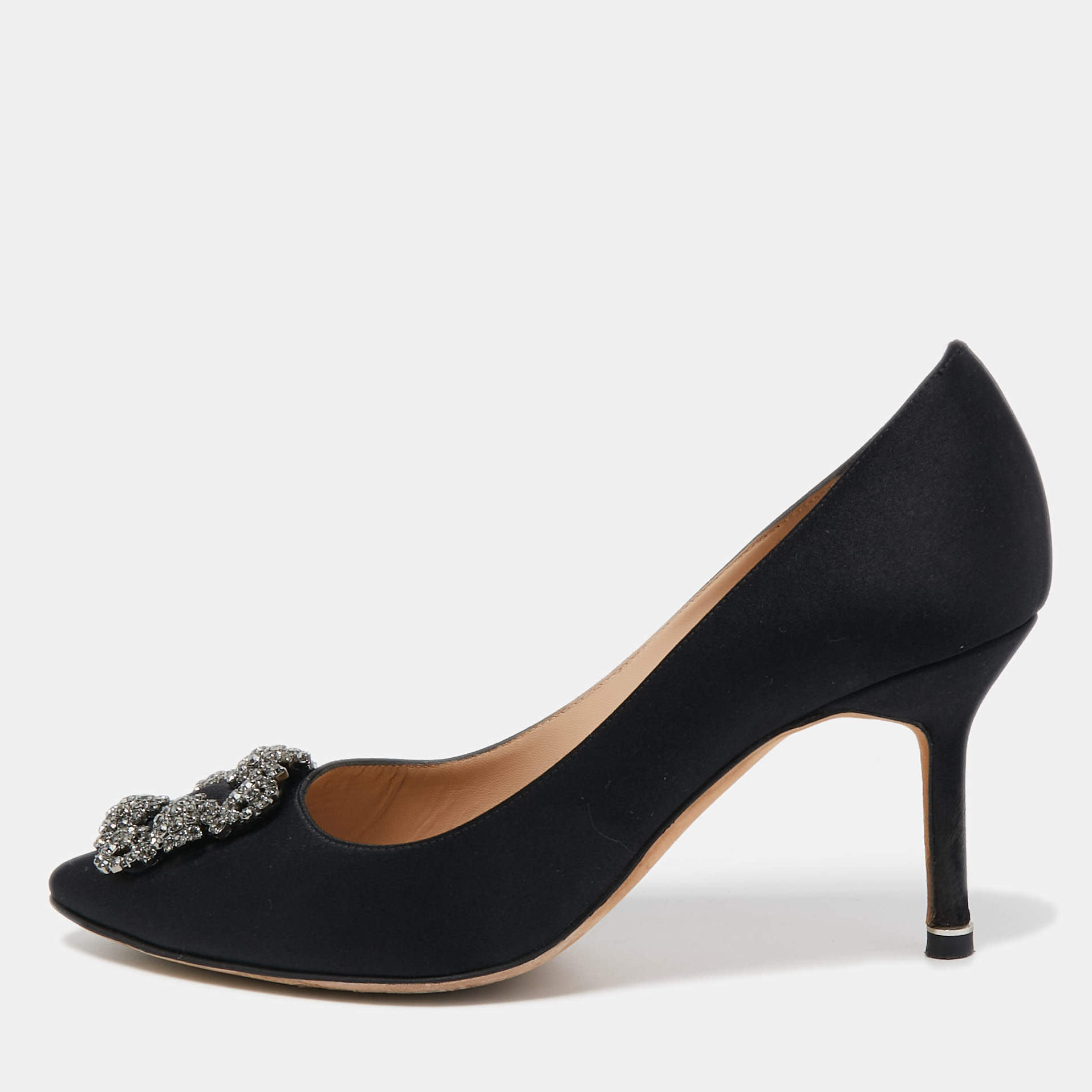 Manolo Blahnik Black Satin Hangisi Pumps Size 38.5