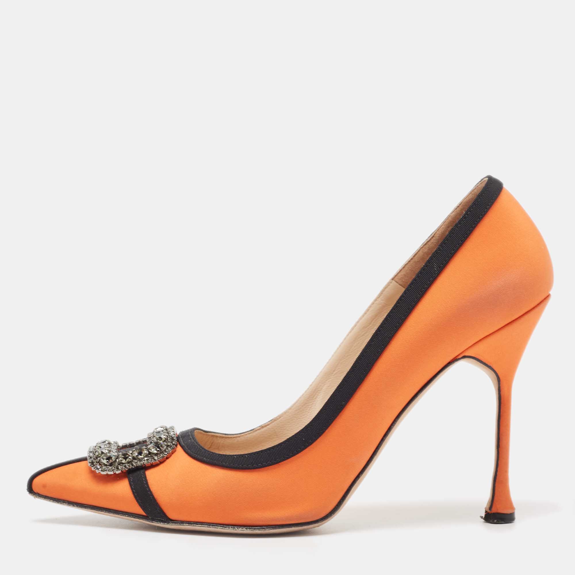 Pre Owned Manolo Blahnik Orange/Black Fabric Gotrian Pumps Size 39.5