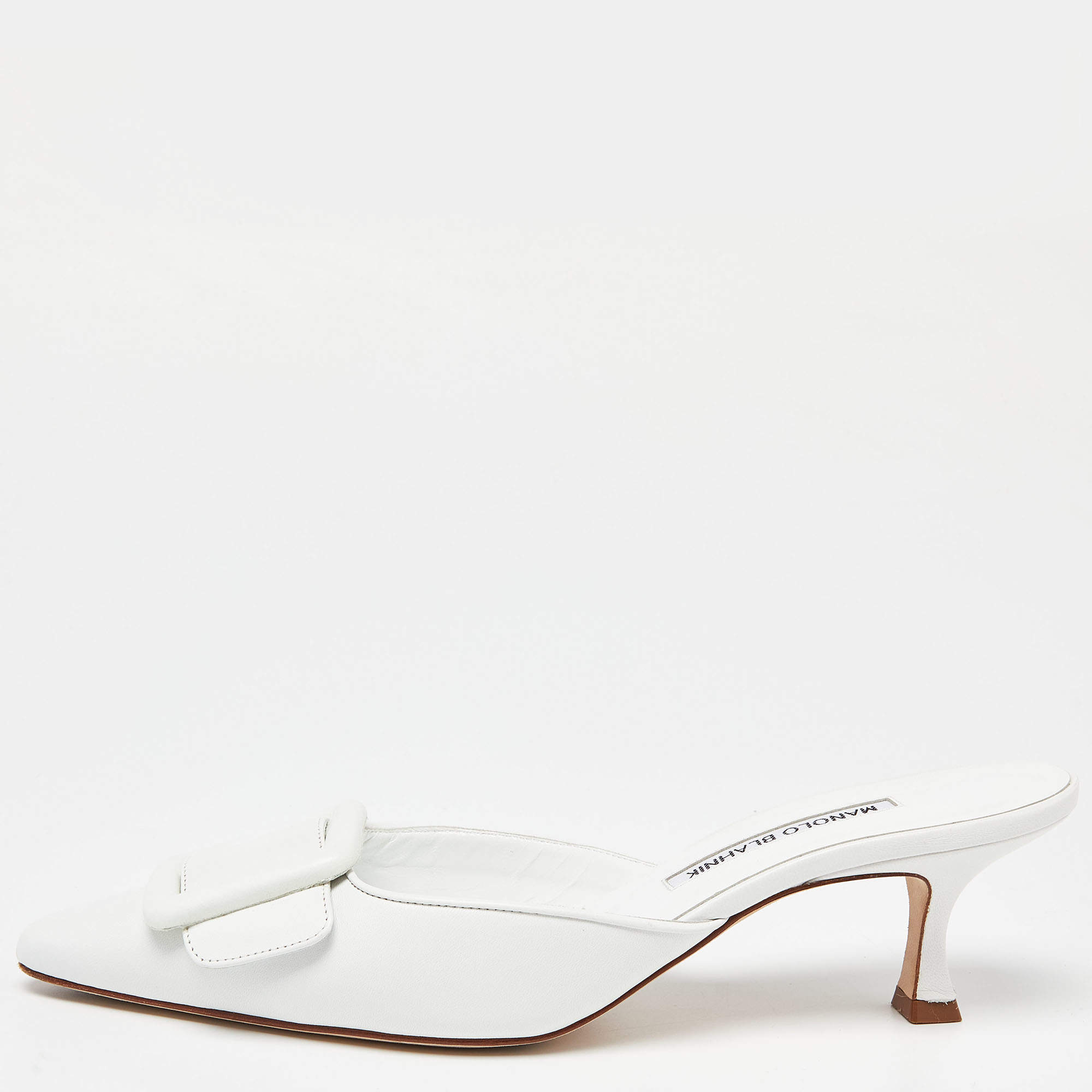 Manolo Blahnik White Leather Maysale Mules Size 38