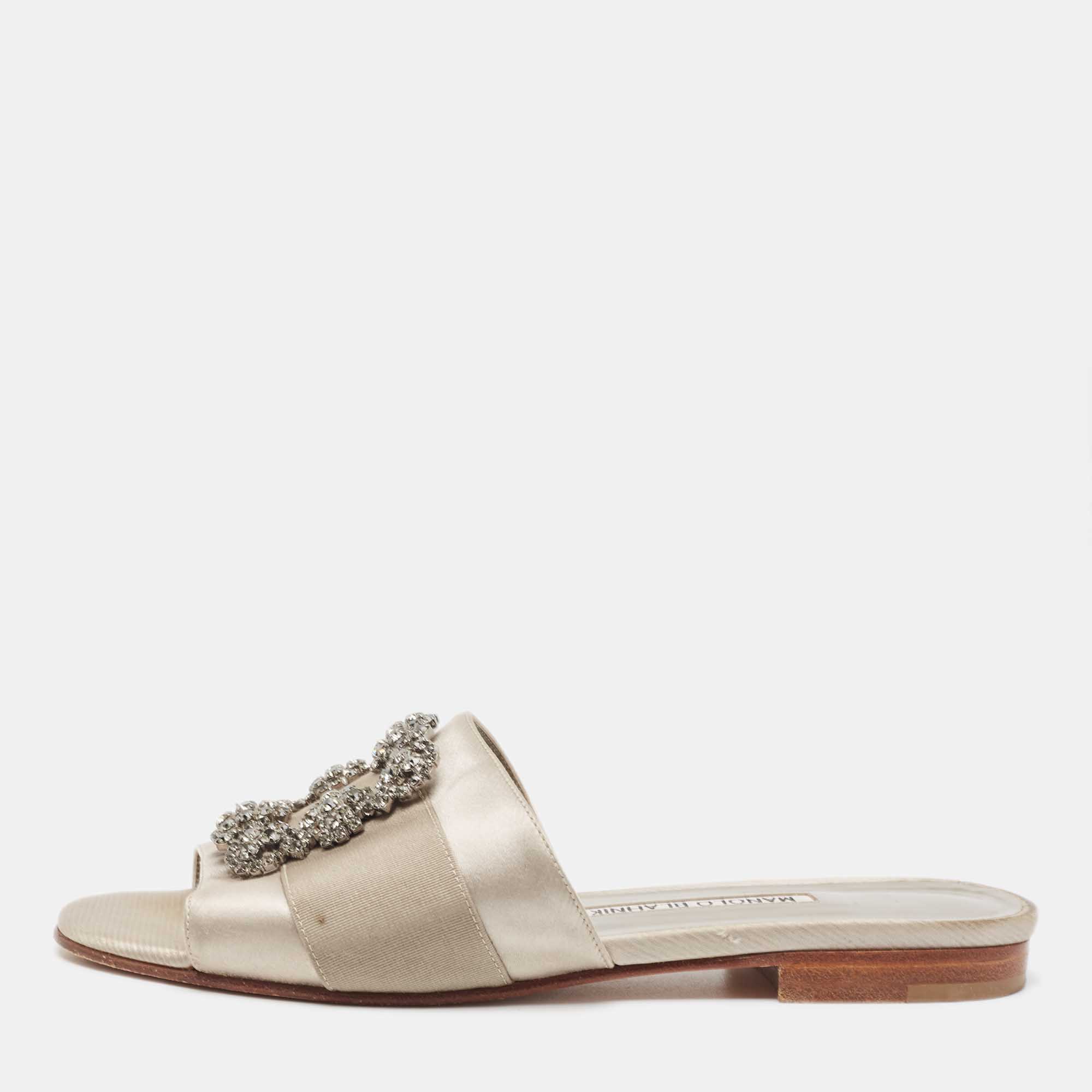 Manolo Blahnik Grey Satin Martamod  Flat Slides Size 38 