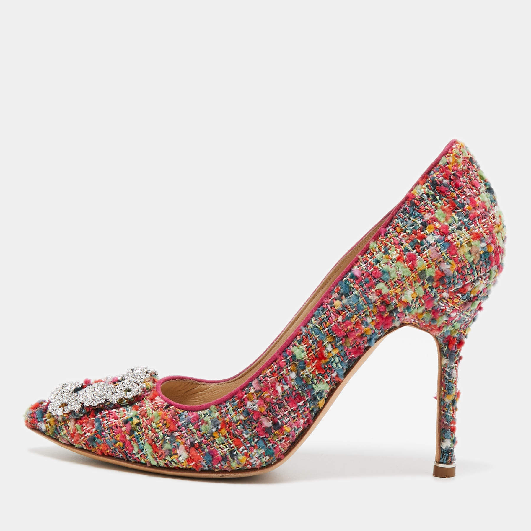Pre Owned Manolo Blahnik Multicolor Tweed Hangisi Pumps Size 38.5