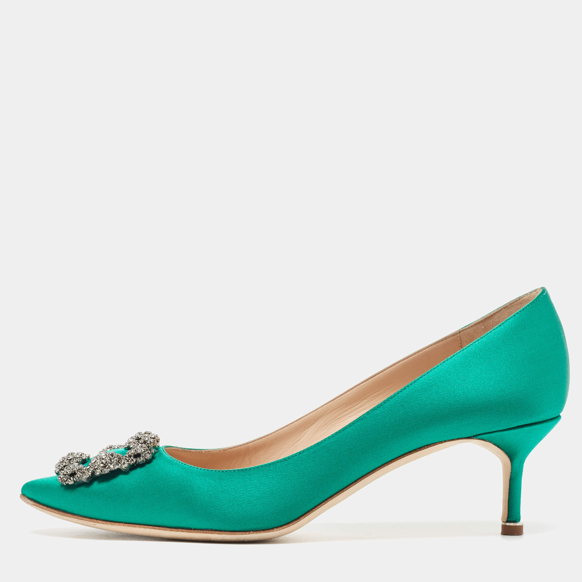 Pre Owned Manolo Blahnik Green Satin Hangisi Pumps Size 41.5